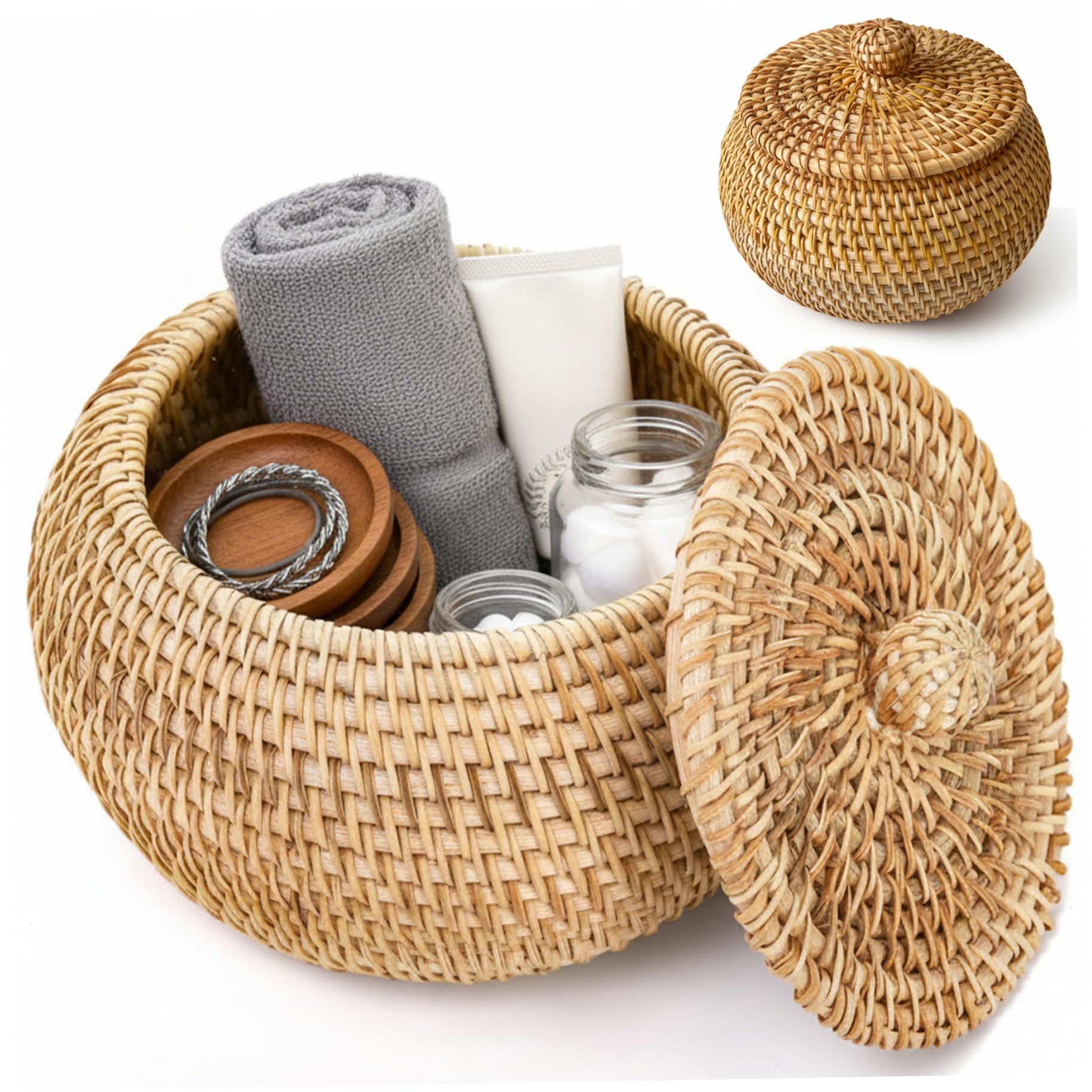 Panier de rangement rond en rotin tressé avec couvercle, boîte de rangement en rotin, boîte-cadeau naturel personnalisée - France