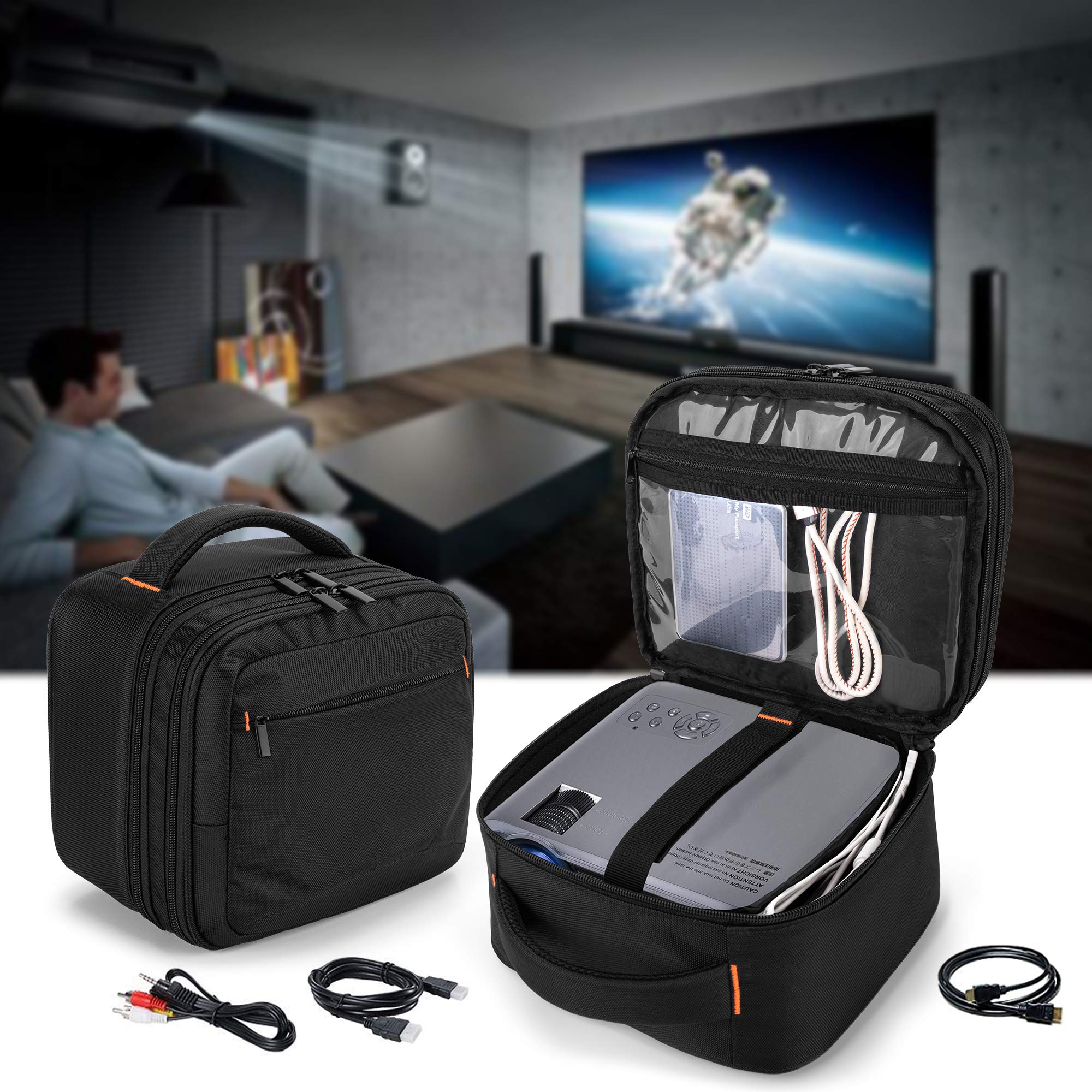 CURMIO Doppelschicht Beamertasche für Mini Beamer, Projektor Tasche Gehäuse, Beamer Tragetasche Kompatibel mit DR.J/QKK und Andere Mini-Beamer und Zubehör (OHNE Beamer UND ZUBEHÖR ENTHALTEN), Schwarz