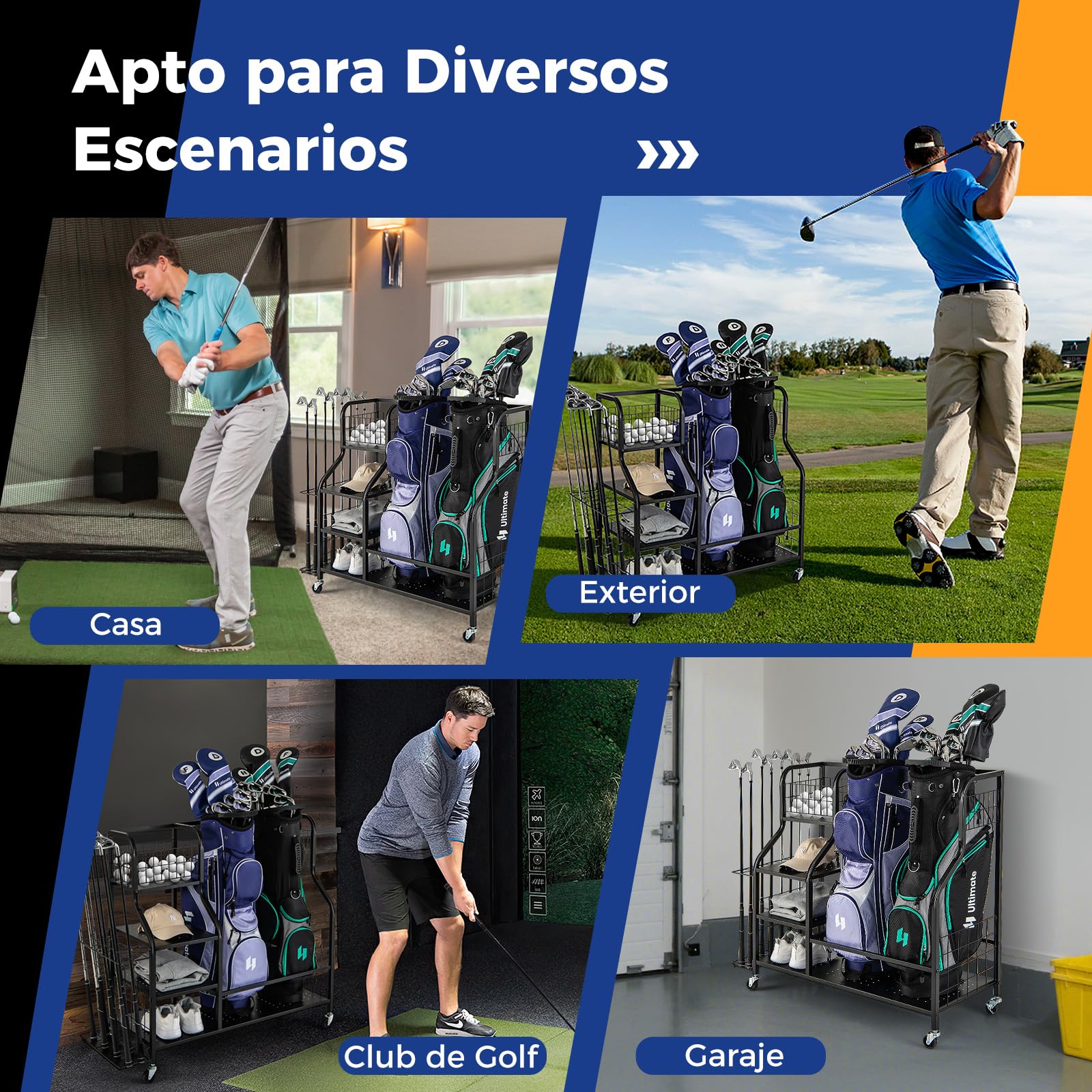COSTWAY Organizador de Almacenamiento para Palos de Golf, 3 Estantes y 1 Cesta, Estante de Almacenaje con Ruedas Extraíbles para 2 Bolsas de Golf，6 Ganchos para Accesorios de Equipos de Golf