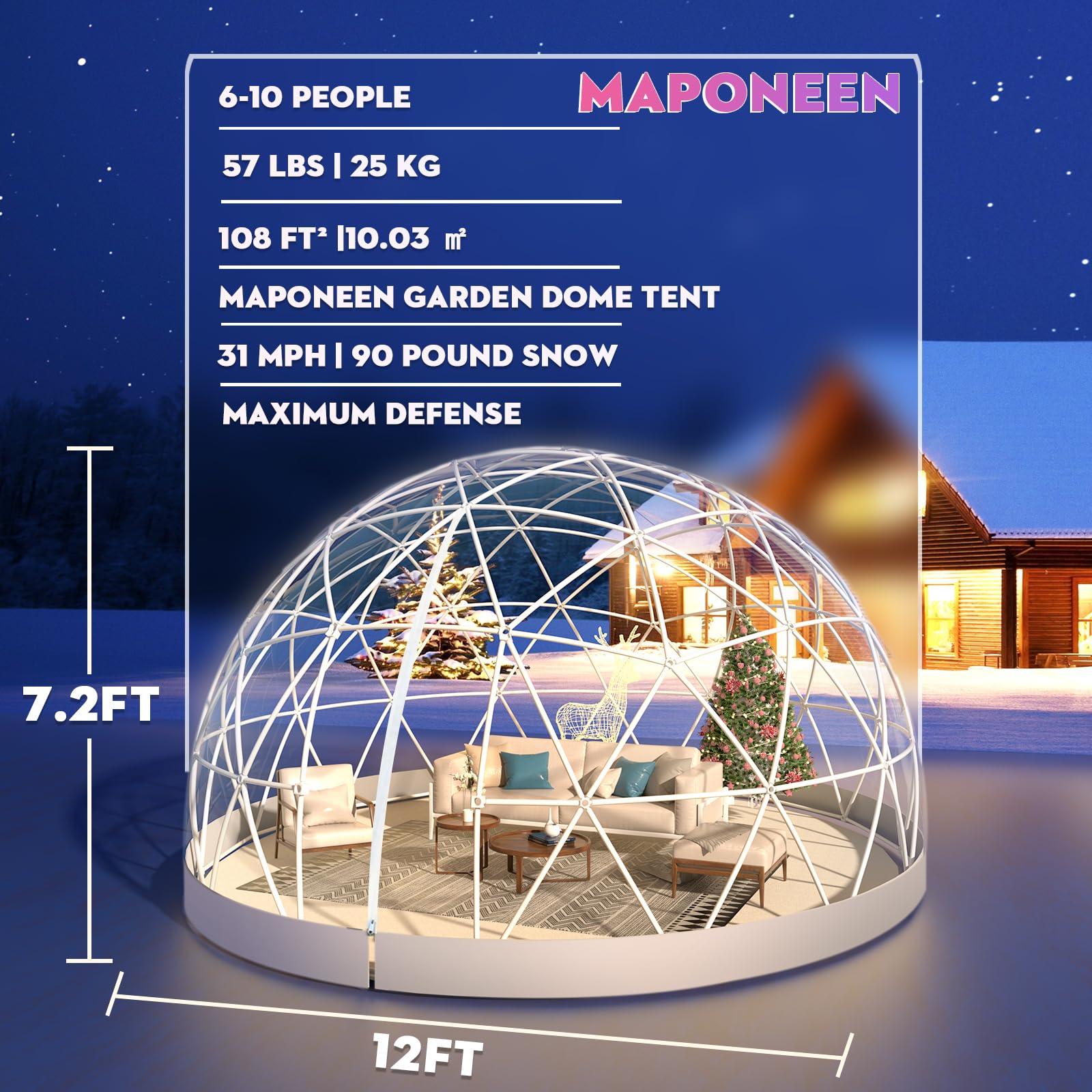 12FT Garden Dome lgloo, Geodesic Dome Greenhouse with PVC Clear Cover, Waterproof Garden Bubble Dome Tent House with 2 x 10M Light Strings for Outdoor, Patio, Backyard, Party (White, 12FT/3.6M)
