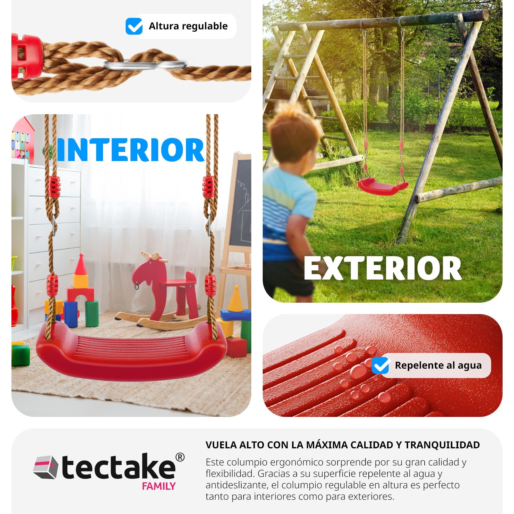 Tectake Columpio de jardín para zona de juegos al aire libre Nuestro interior para niños y adultos con cuerda oscilante y mosquetones y superficie antideslizante, Max. 75 kg