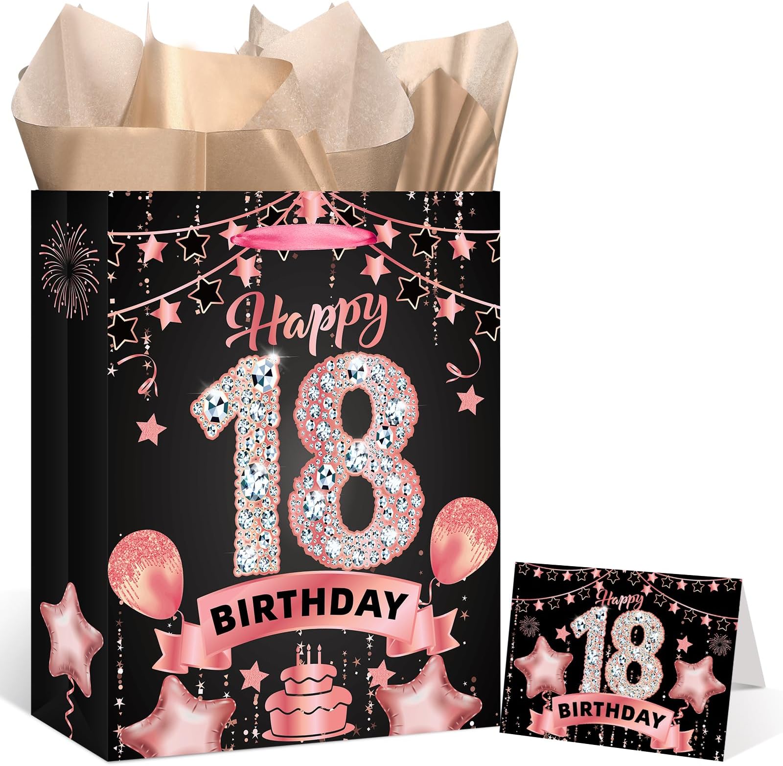 Rumia Rose Gold 18th Birthday Gift Bag with Happy 18th Birthday Greeting Card and Tissue Paper for Girls Rose Gold 18 Years Old Gift Wrap Bag for Christmas 18 Bday Party Decorations Supplies
