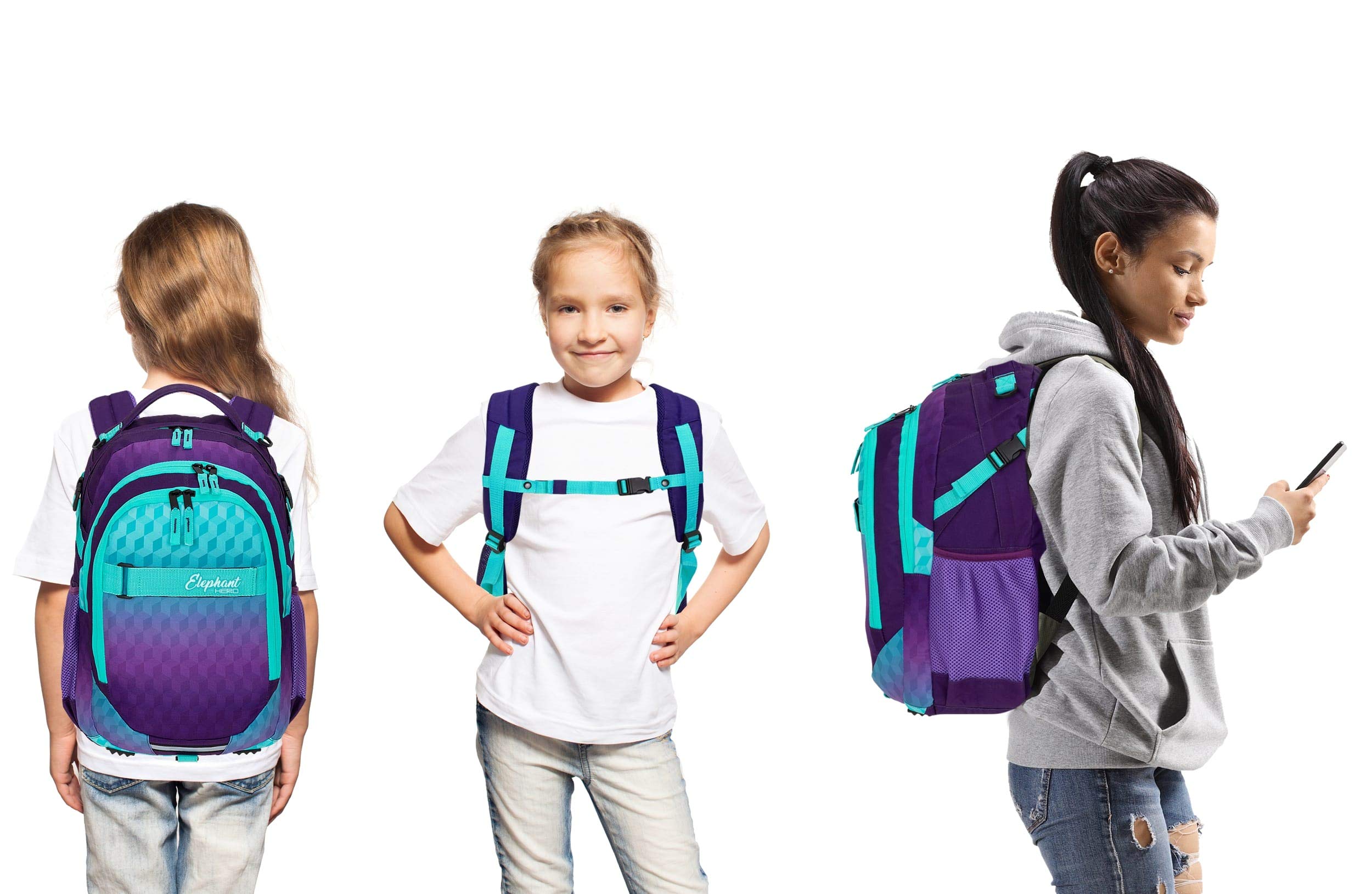Elephant Schulrucksack Hero Rucksack mit Regenhülle 12868 Violet Cube +r | Signature Schultasche Schulmappe Daypack + Regencover Mädchen Jungen Türkis Lila
