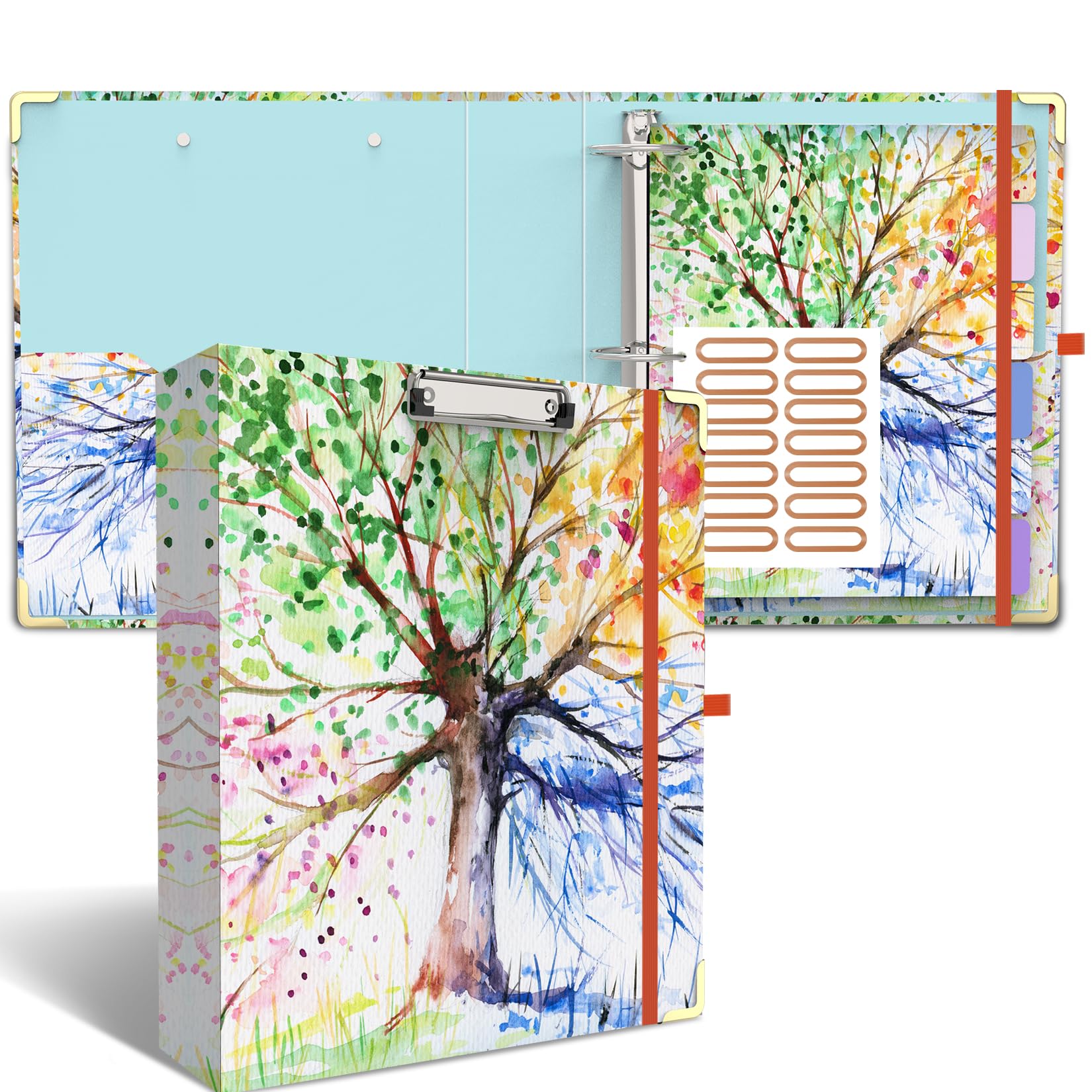 3 Ring Binder 2 Inch Ring, 2 Interior Pockets, 6 Tab Dividers, Low Profile Clipboard with Storage, Fashion Cute Binder and Labels Stickers for School