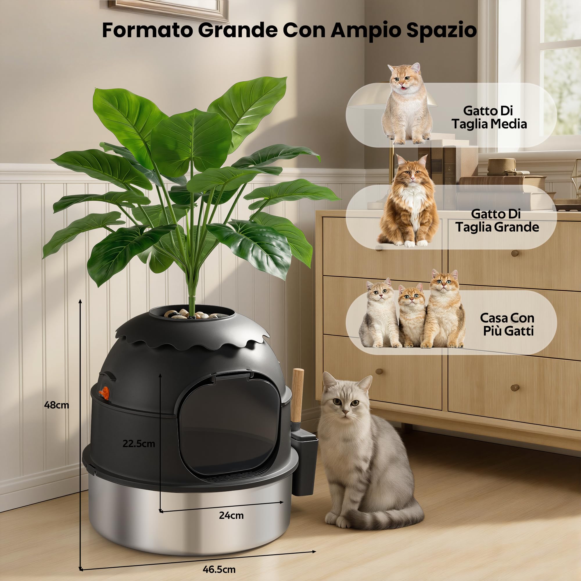 lettiera gatto chiusa in acciaio inox con pianta finta, mobile copri lettiera con porta trasparente, antiodore, facile da pulire (Nero)