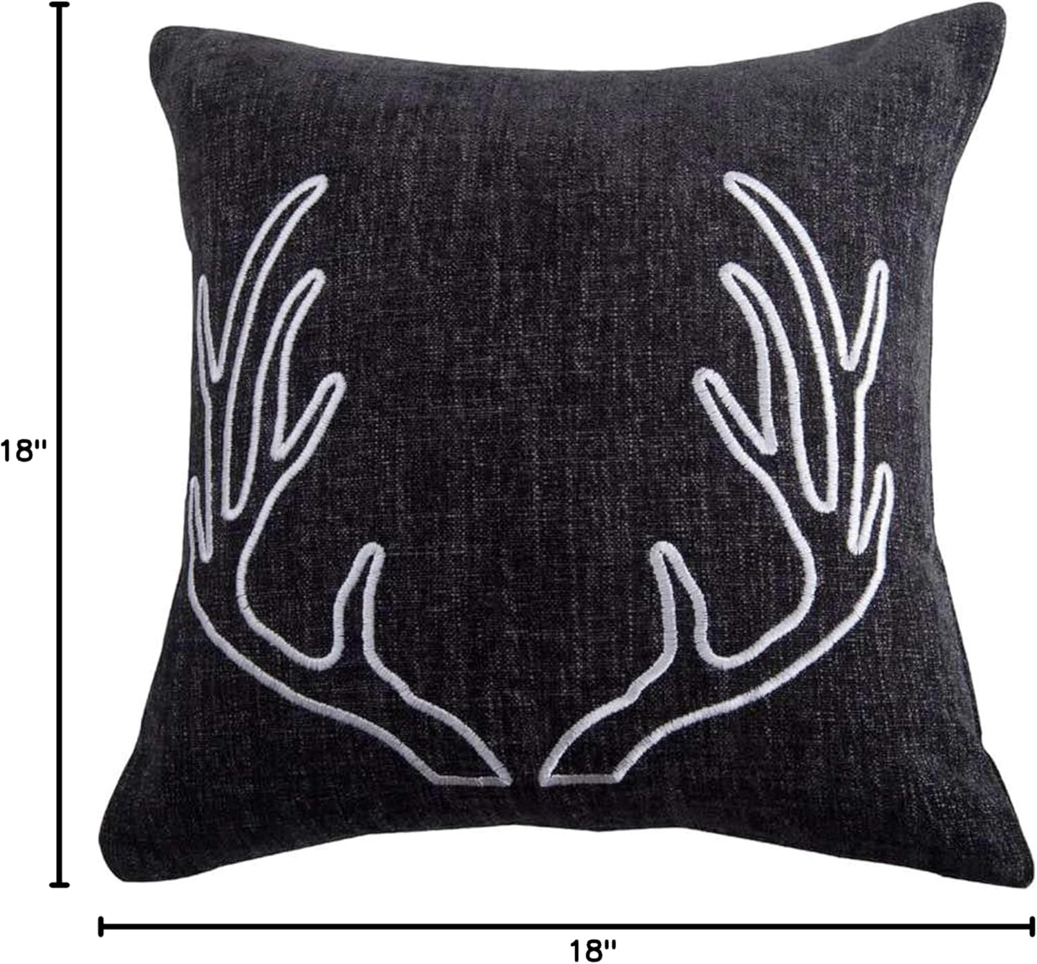 HiEnd Accents Hamilton Black and White Chenille Embroidered White Antler Throw Decorative Pillow, 18x18 inch, Rustic Cabin Lodge Luxury Bedding