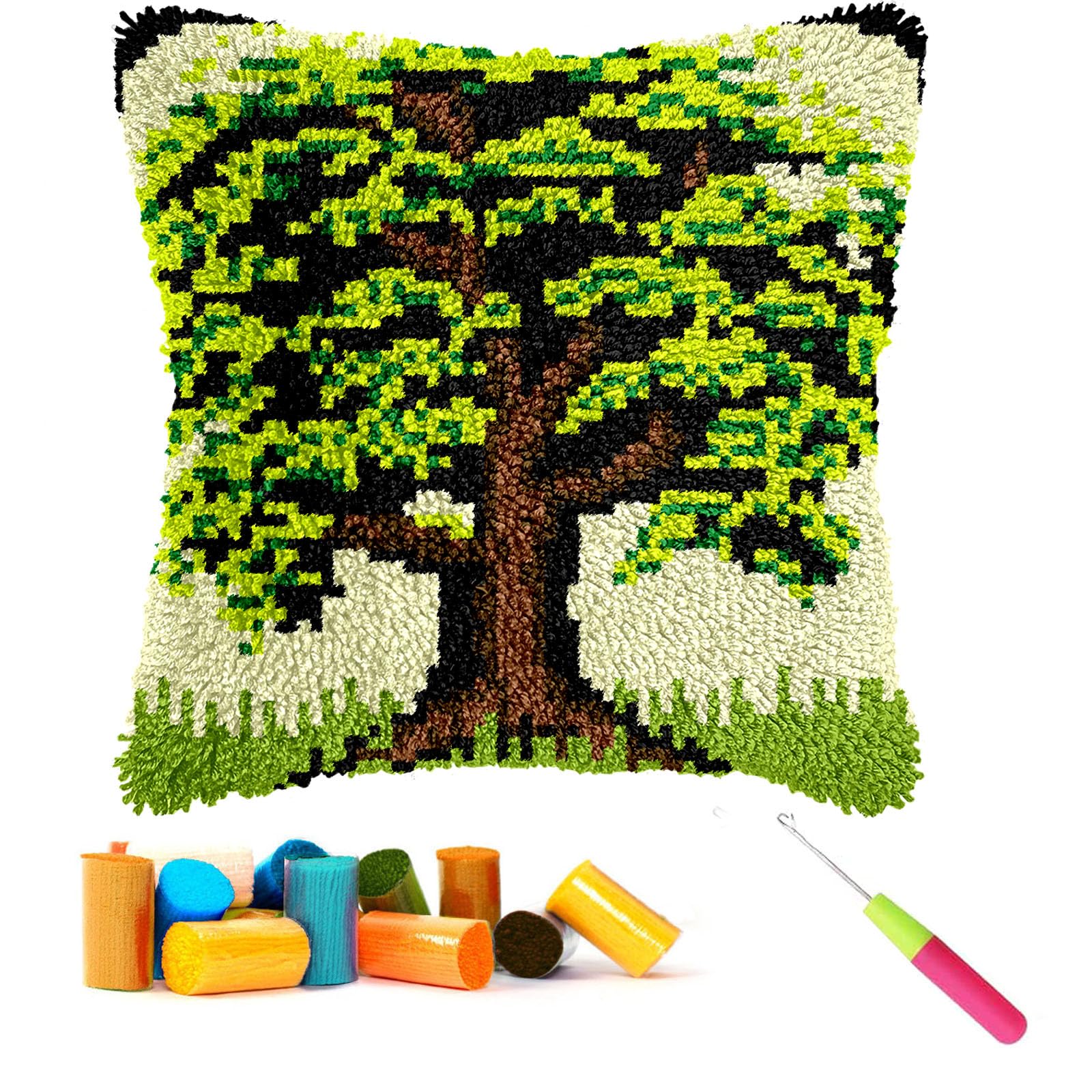 CCWORAN Latch Hook Kits for Adults Beginners Cushion Craft Kits Pillow Cover Making Crochet Pre Printed Canvas Wool Yarn Hobbies DIY Sofa Home Decor Women Gift Tree Life