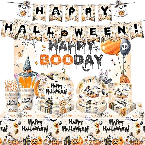 Halloween Party Supplies, Watercolor Happy Boo Day, 195 Pcs