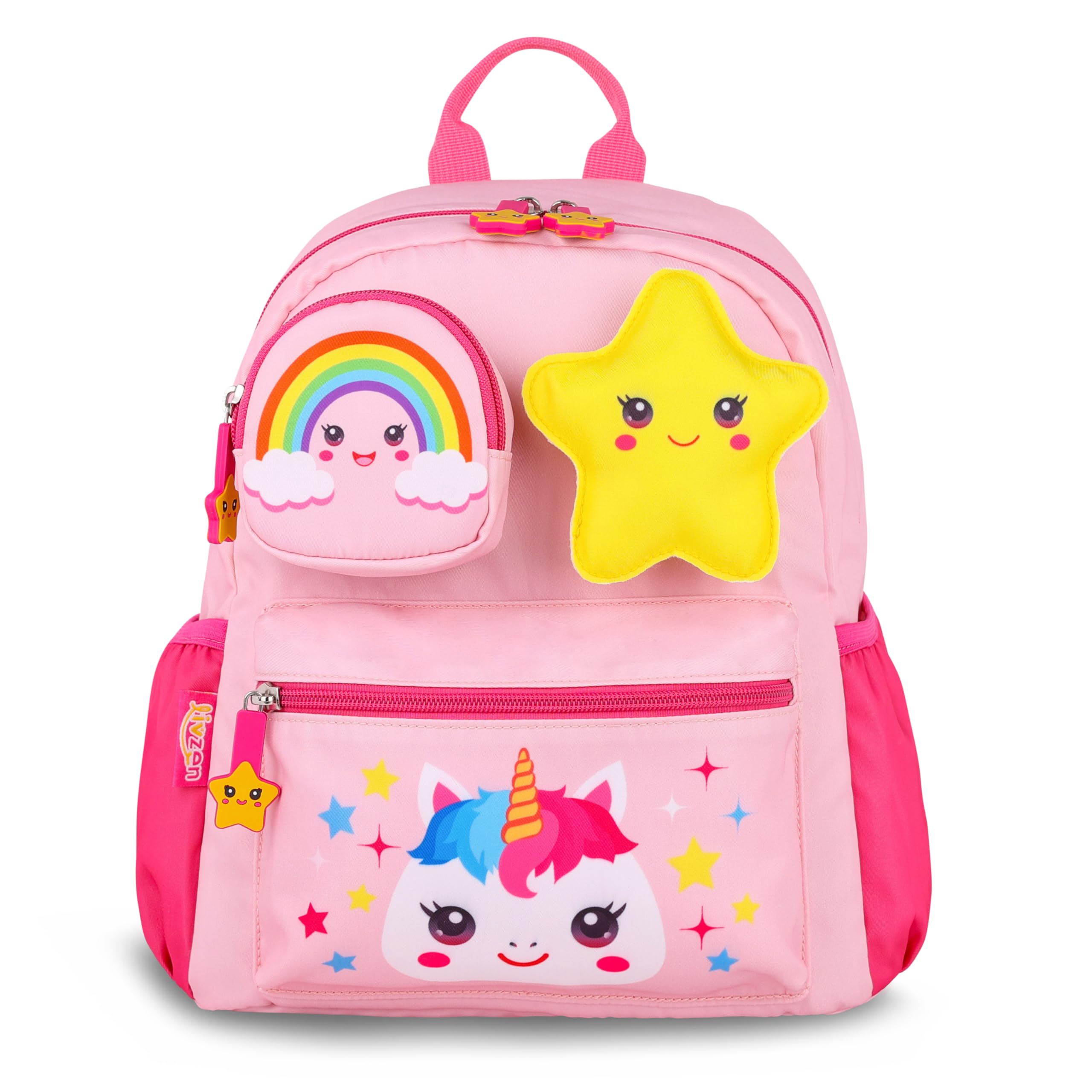 Livzen Pink Unicorn Rainbow Toddler Backpack, 12-inch, for girls aged 2-4. Features detachable 3D pouch, toys and safety leash,kindergarten and preschool, Perfect Christmas or birthday gifts