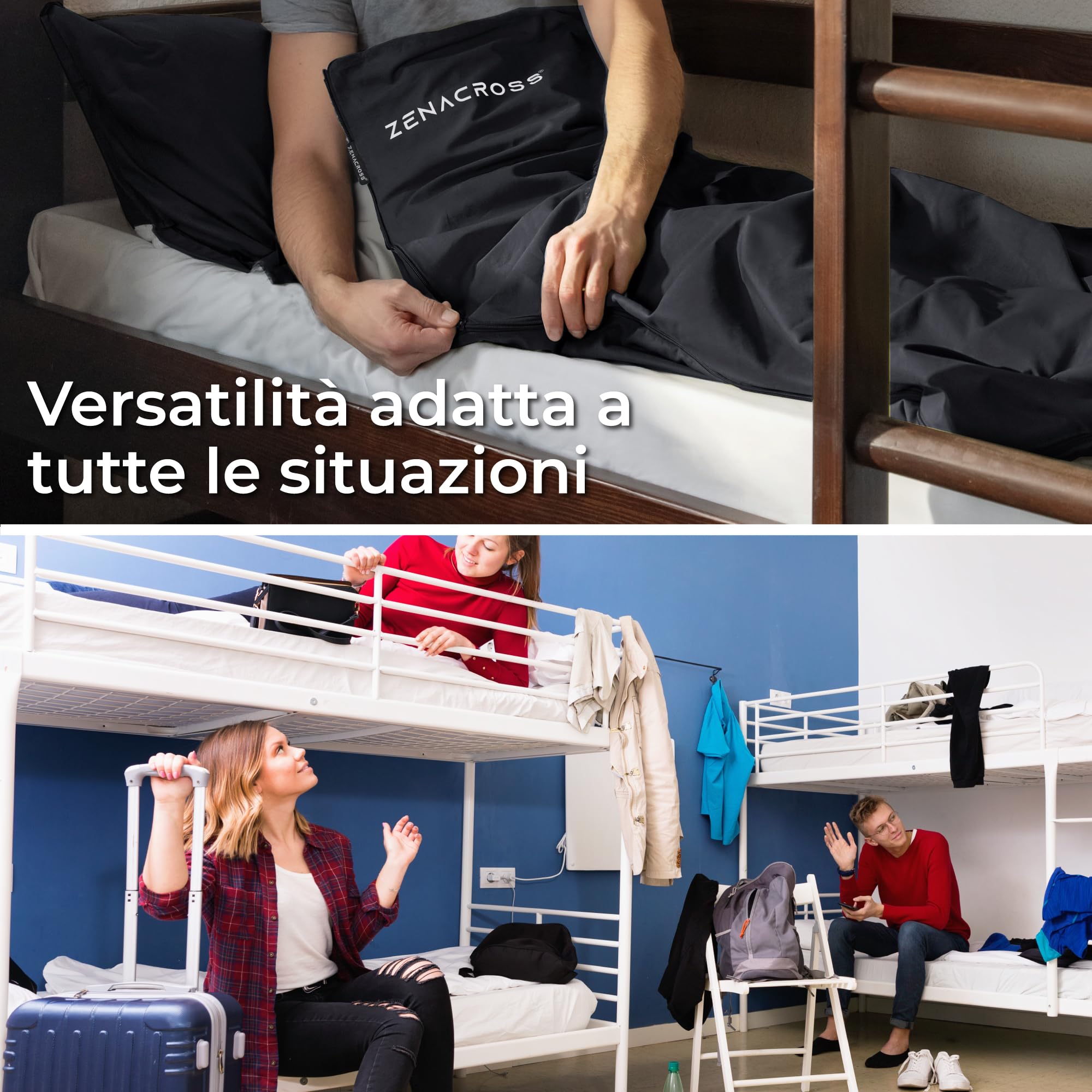 Zenacross - Sacco Lenzuolo da Viaggio - Sacco Letto Singolo Ultraleggero e Compatto - 100% Cotone - Saccoletto con Scomparto per Cuscino - Sacco Lenzuolo Cotone Singolo