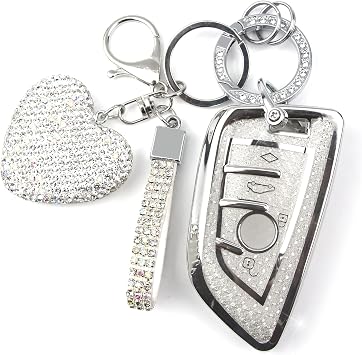 Key Fob Cover with Diamond Keychain Car Key Holder Case Compatible with BMW X1 X2 X3 X5 X6 X7 GT and 2 5 6 7 Series Smart Remote Key Protector for Women, 3 Buttons Silver-Heart