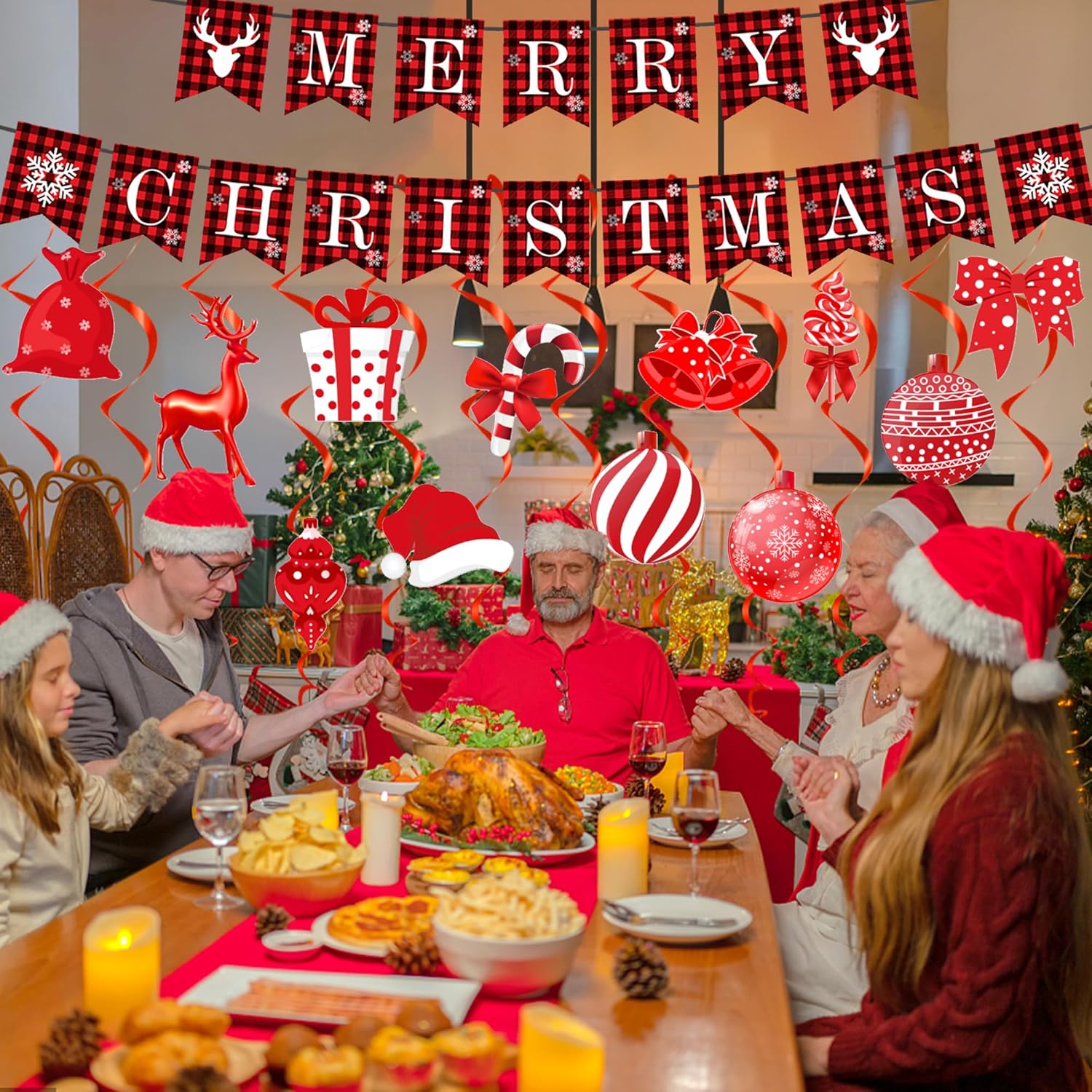 Christmas Ceiling Decorations Indoor Christmas Hanging Foil Swirl Decorations Merry Christmas Banner Bunting Candy Bell Reindeer Ceiling Wall Window Decorations for Christmas Holiday Party Supplies