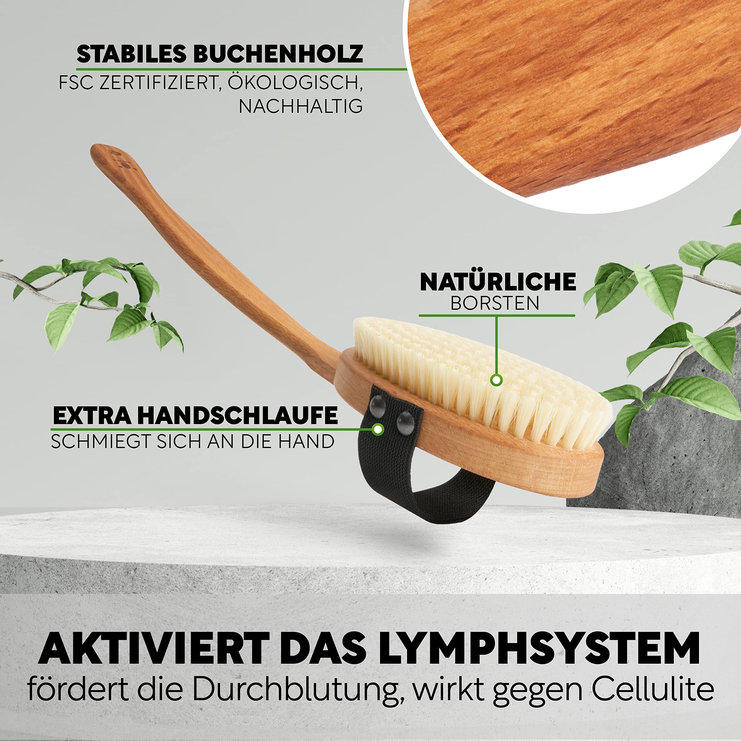 QUOALA Zrównoważona szczotka do ciała: szczotka do kąpieli z drewna, naturalne włosie (włosie wieprzowe) i sznurek. Szczotka do ciała, szczotki do pleców z długim trzonkiem, szczotka do czyszczenia na mokro i sucho (100% niemiecka produkcja)