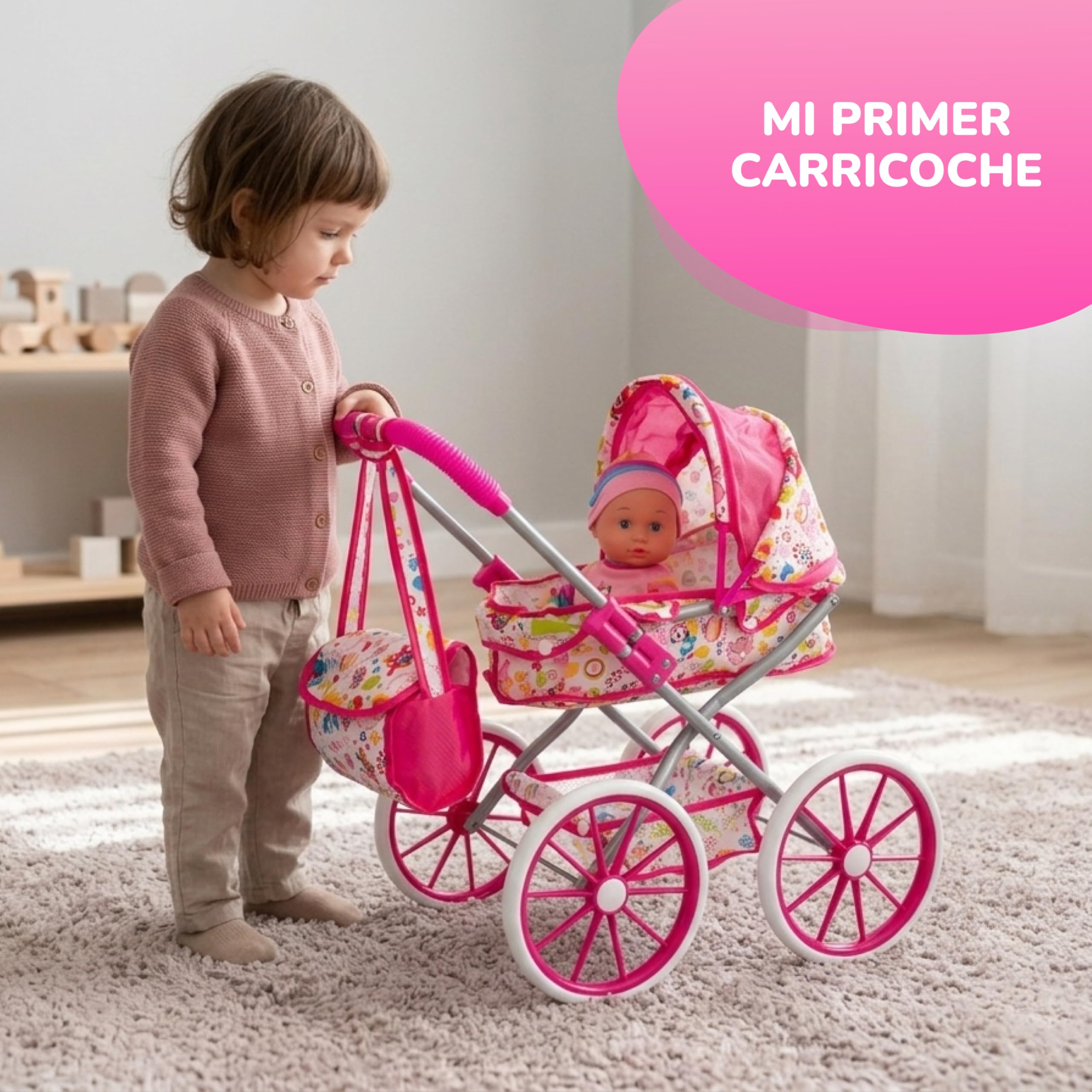 Carrito de Muñecas con Muñeco Bebé y Accesorios 20 Piezas – Cochecito de Juguete Plegable con Capota, Bolsa y Ruedas EVA – Set Completo Muñeca con Orinal, Biberón y Complementos – +3 Años
