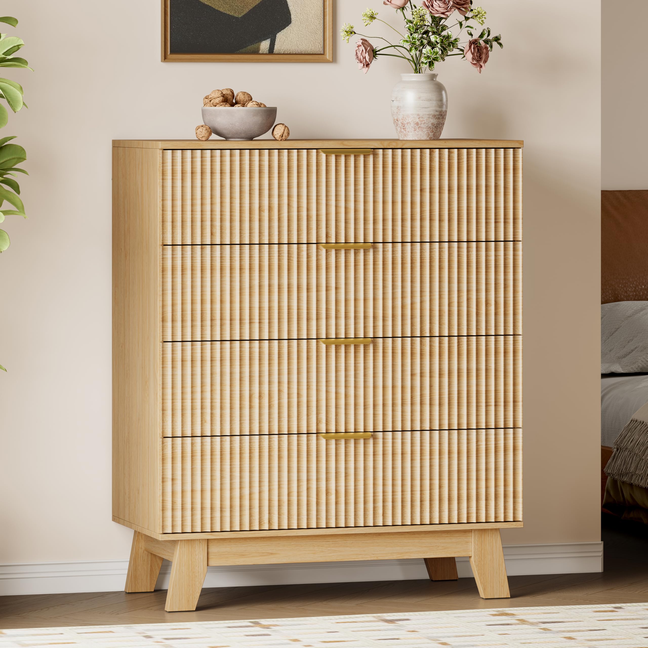 BORNOON 39" Tall Dresser for Bedroom, 4-Drawer Fluted Chest of Drawers, Modern Wood Highboy with Deep Storage, Metal Slides &amp; Handles, Anti-Tip Kit, Vertical Clothes Organizer for Apartment, Nursery