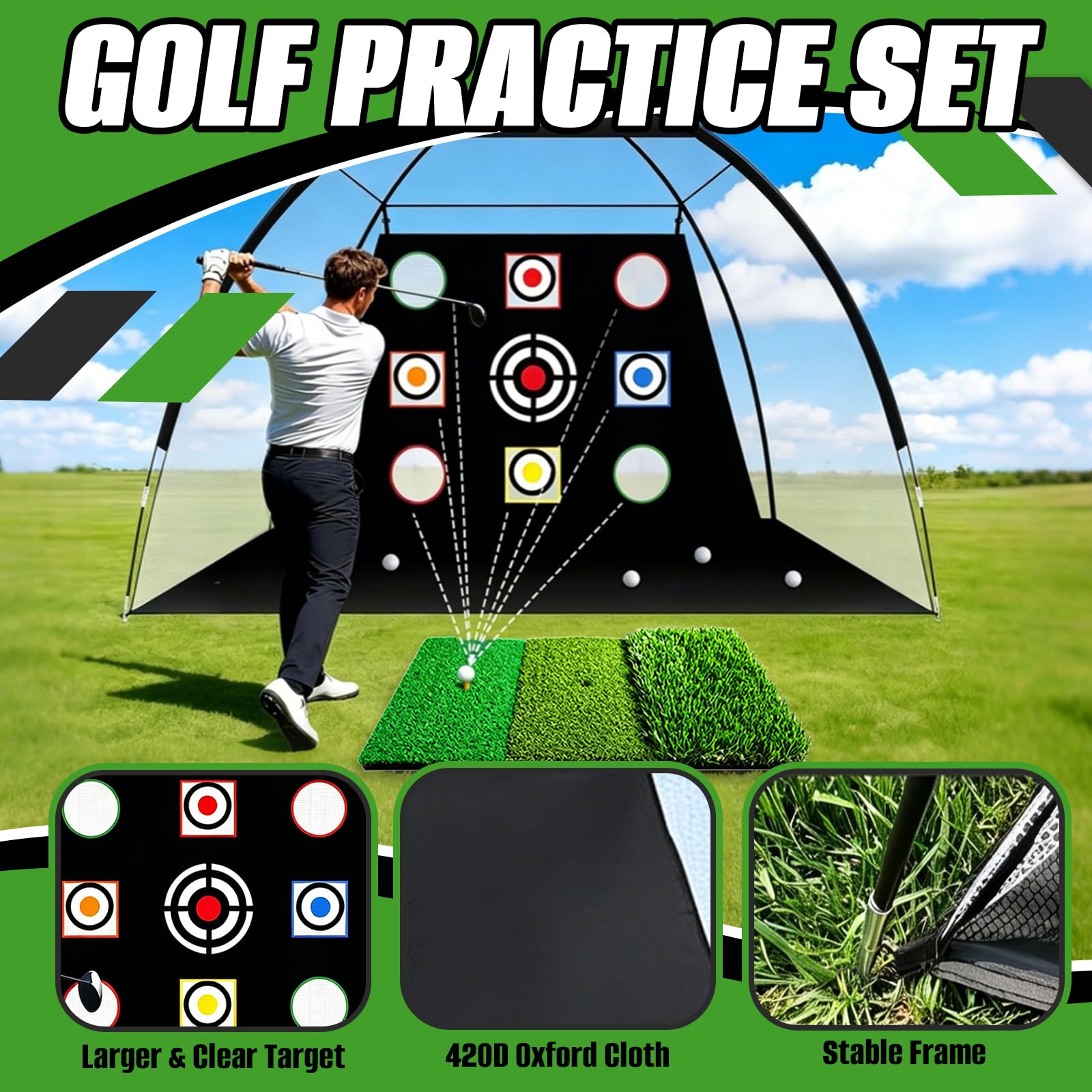 Redes de Práctica de Golf 10x7 Pies, Red de Entrenamiento de Golf con Estera de Impacto para Interior y Exterior Patio Trasero, Red de Ayuda para Entrenamiento con Dianas