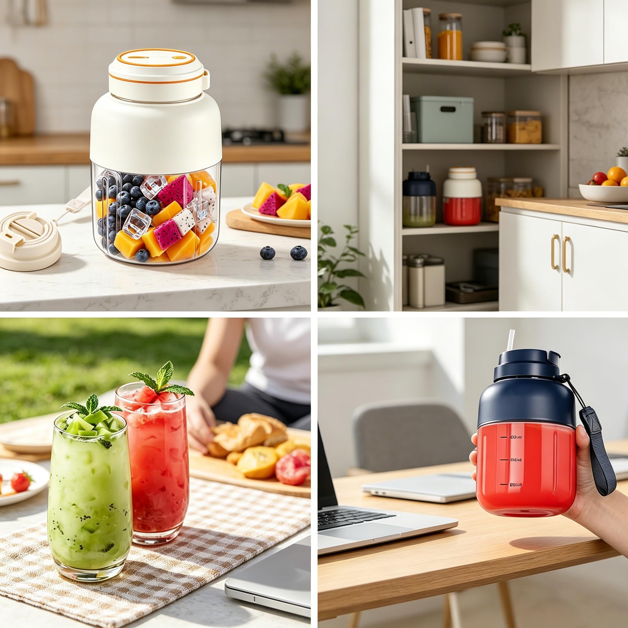 Spremiagrumi portatile senza fili, 1250 ml, frullatore di grande capacità con 3 velocità, doppio coperchio e manico a tenuta stagna, tazza da viaggio ricaricabile tramite USB, per frullati, frutta