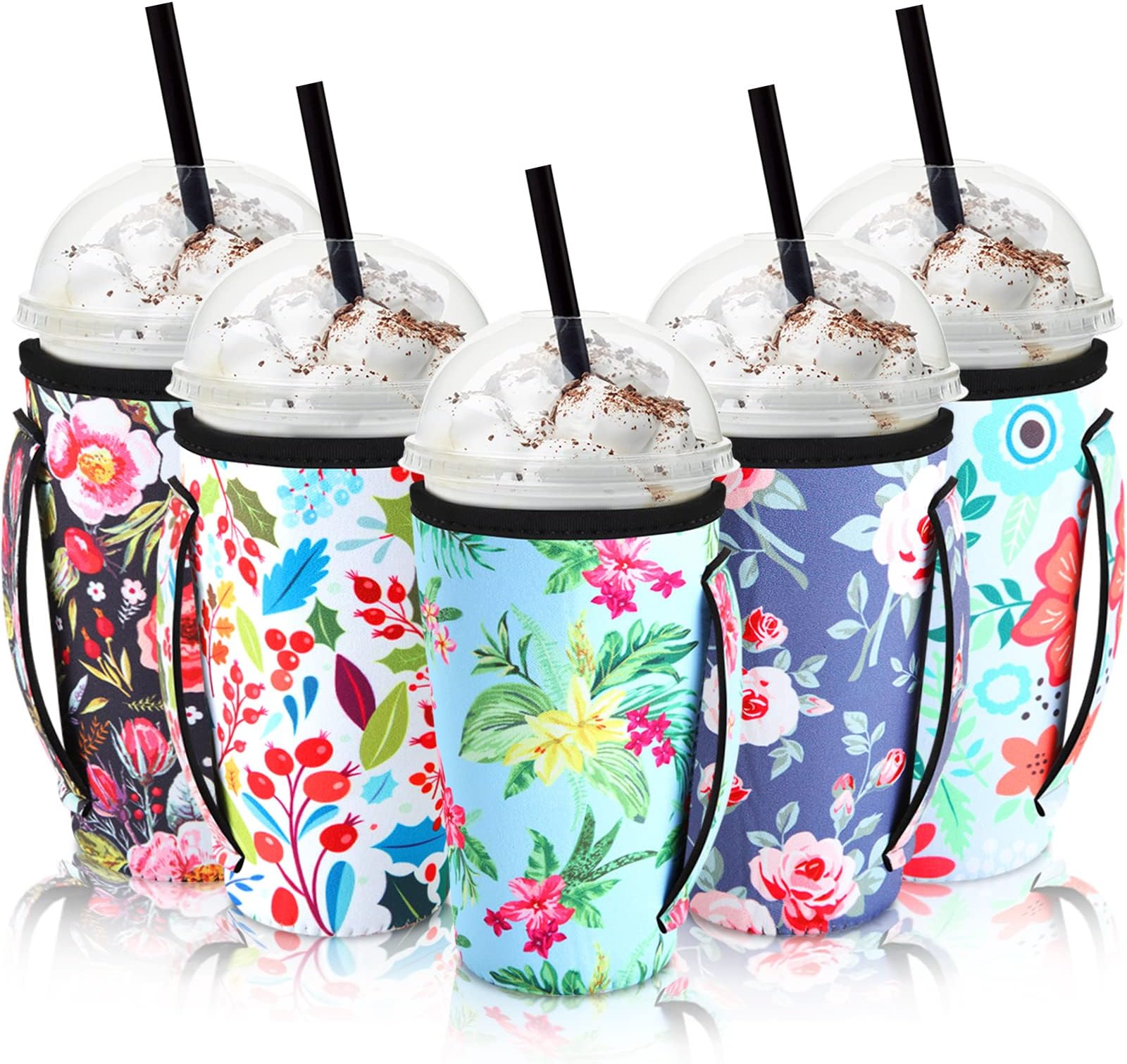 Chengu 5 Pack Iced Coffee Sleeve Flower Patterned Insulator Sleeves Reusable Sleeves for Coffee Neoprene Cup Holder for Cold Drinks Beverages Cup Sleeve with Handle, Fit 30-32 oz Cup(Bright Style)