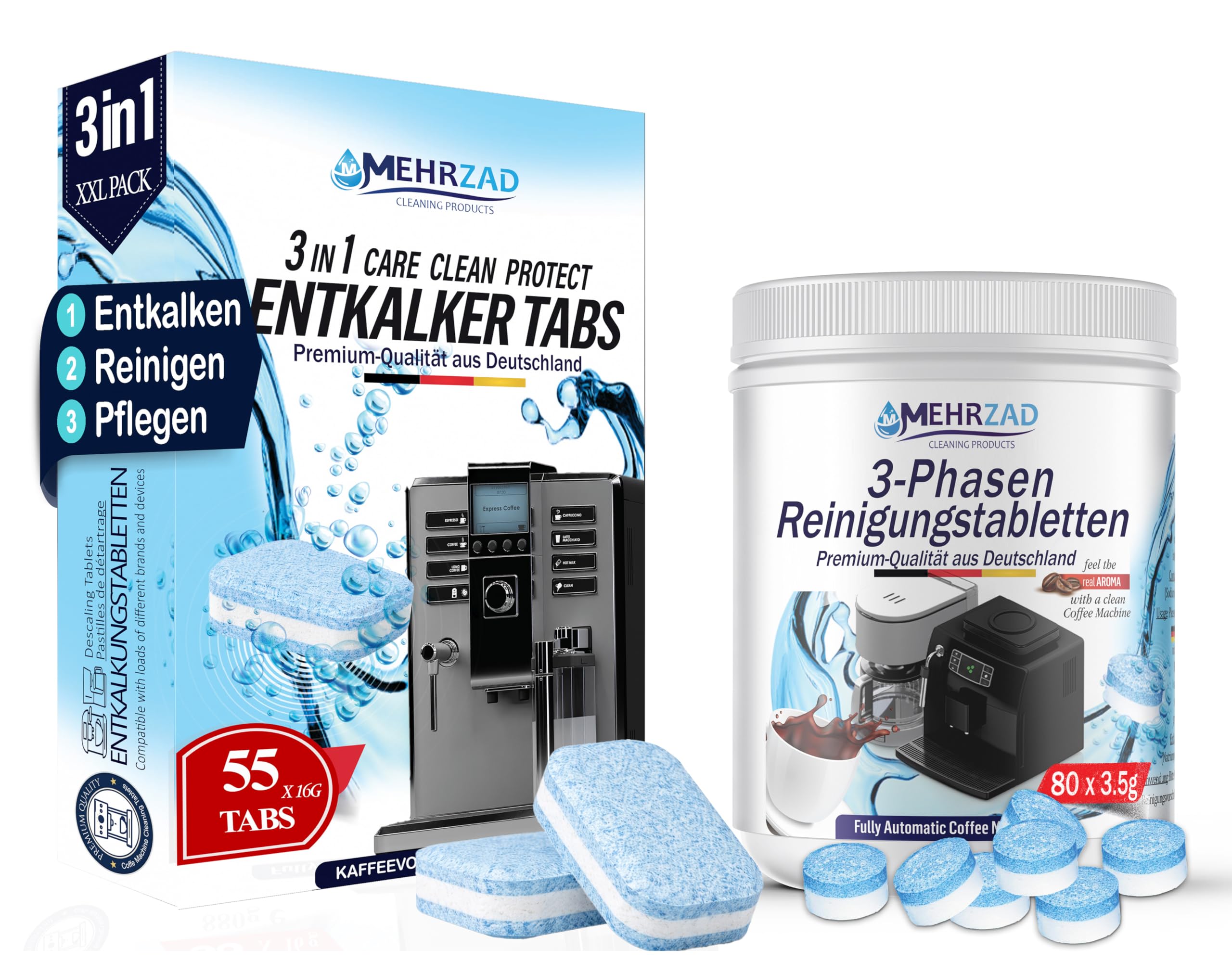 Pflegeset für Kaffeevollautomaten & Kaffeemaschinen. 3-Phasen Reinigungstabletten 80 Stück a 3,5g & Entkalkungstabletten 55 x 16g kompatibel mit Jura Siemens Bosch uvm "Made in Germany"