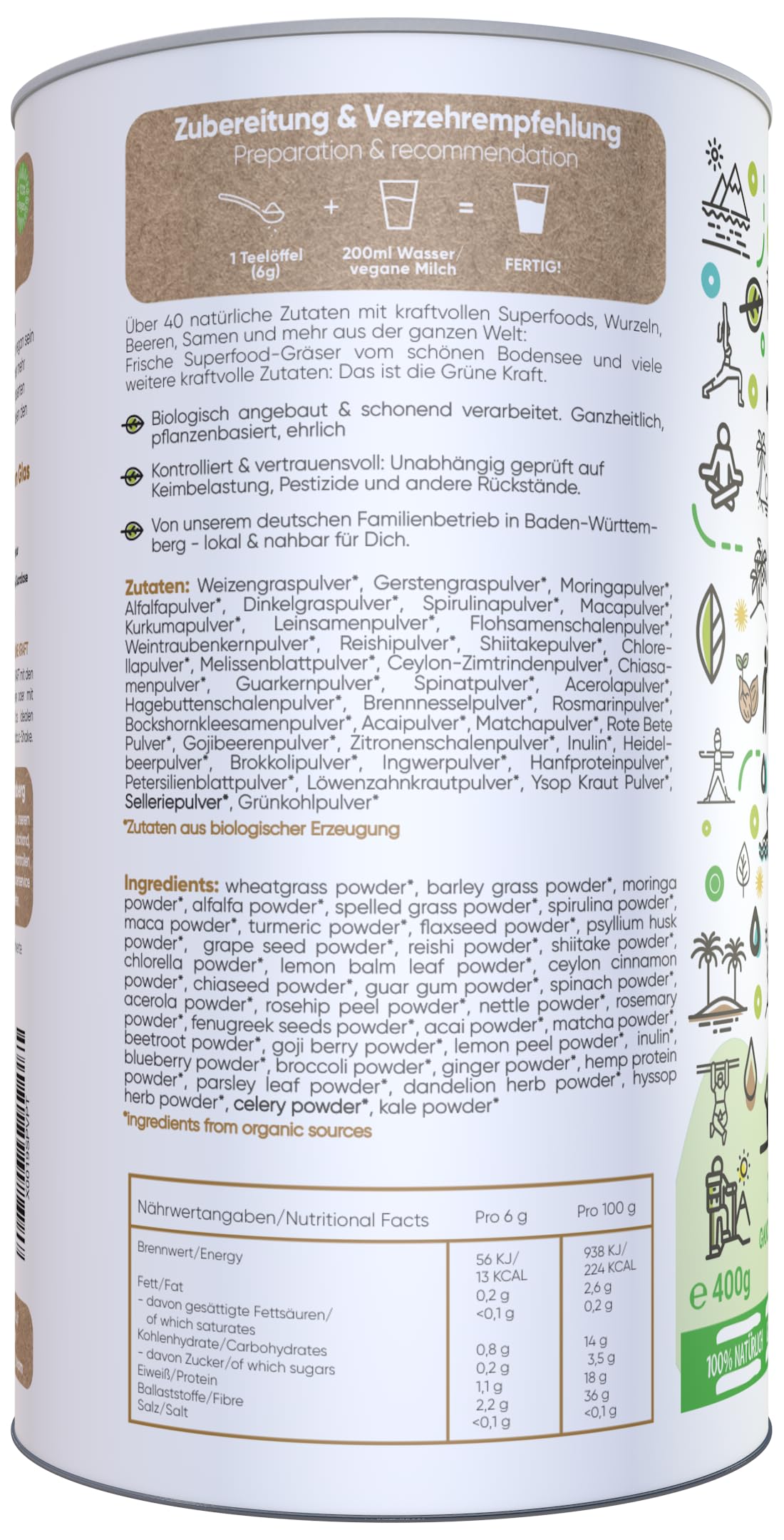 BIO Grüne Kraft | Smoothiepulver | 400g | DE-ÖKO-006 | KEINE FÜLLSTOFFE wie Erbsenprotein | Über 40 Zutaten wie Weizengras, Gerstengras, Dinkelgras | Premiumqualität vom Bodensee | Made in Germany