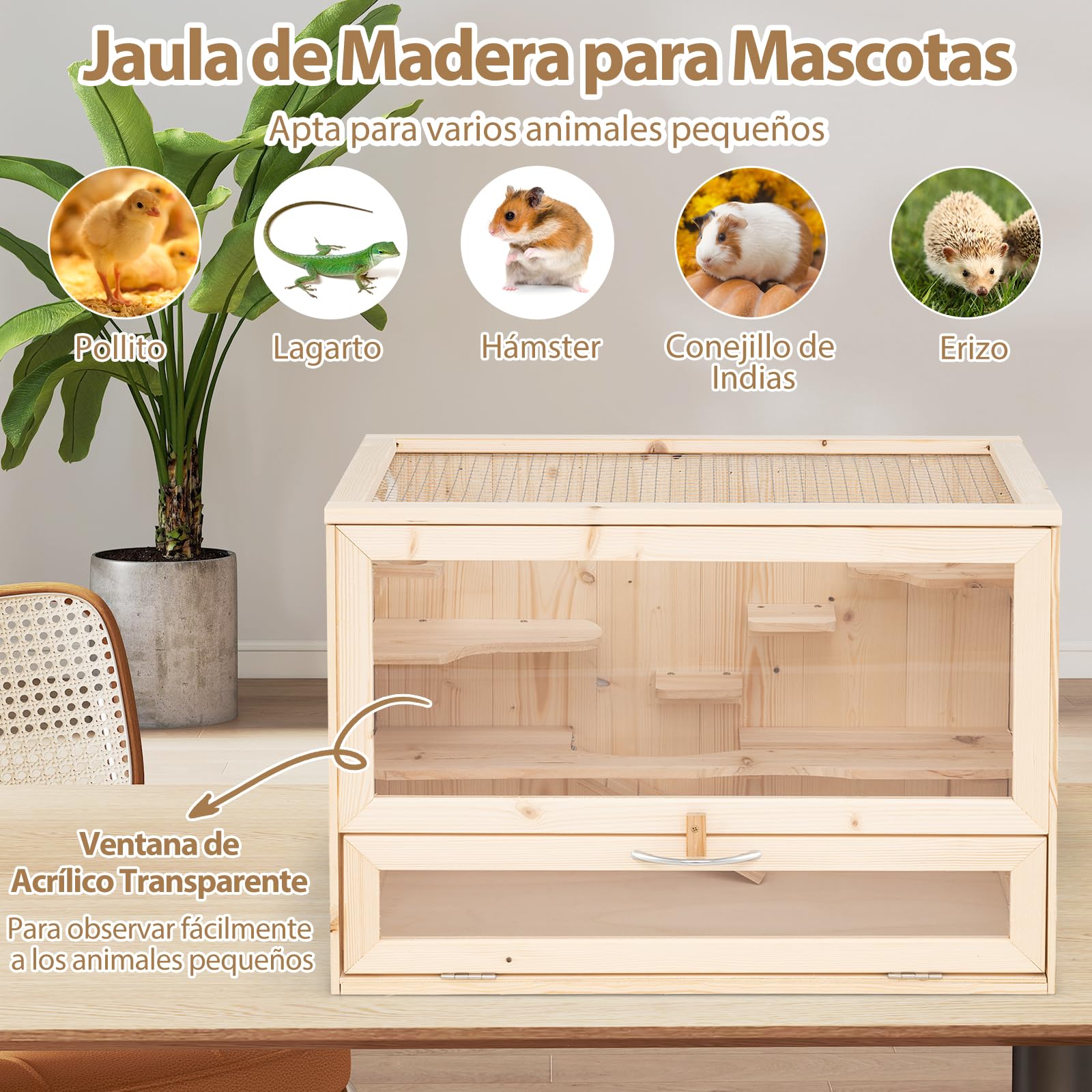 COSTWAY Jaula para Hámster de Madera, Hábitat para Hámster con Techo Abatible de Malla, Puerta Acrílica Bloqueable, Áreas de Actividad con Escaleras y Plataformas, Hábitat para Animales Pequeños