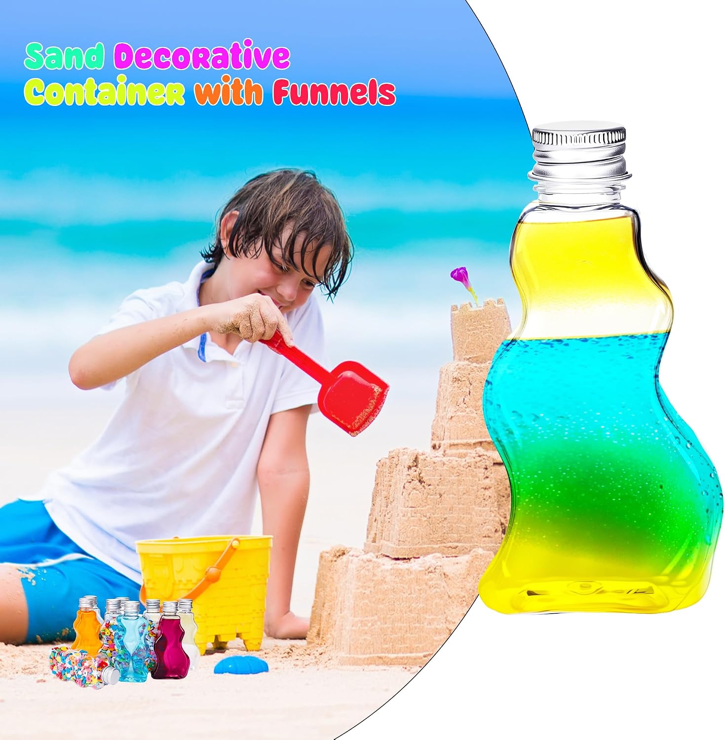 Faytark 72 Pcs Sand Art Bottles Bulk Plastic Clear Collection Bottle with Lids 10 Funnels 3 Style Decorative Jars Bulk for Craft DIY Birthday Gifts Wedding Party Favors Home Decoration image 3