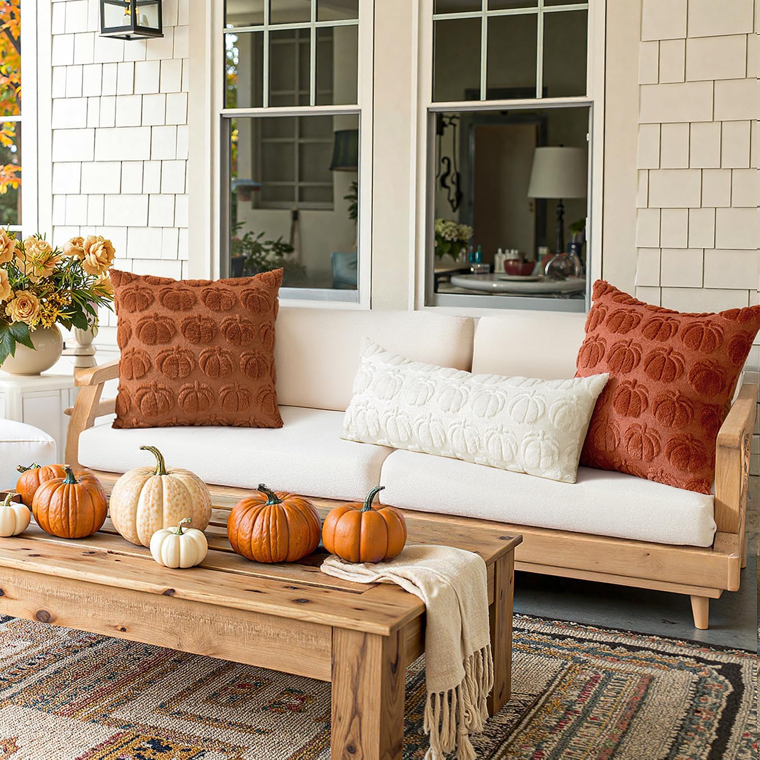 MIULEE Fall Throw Pillow Cover 14x36 Long Body Lumbar Autumn Decoration Cream White Pumpkin Accent Pillowcase for Outdoor Porch Sofa Couch Bed Living Room Plush Faux Fur Halloween Farmhouse Home Decor