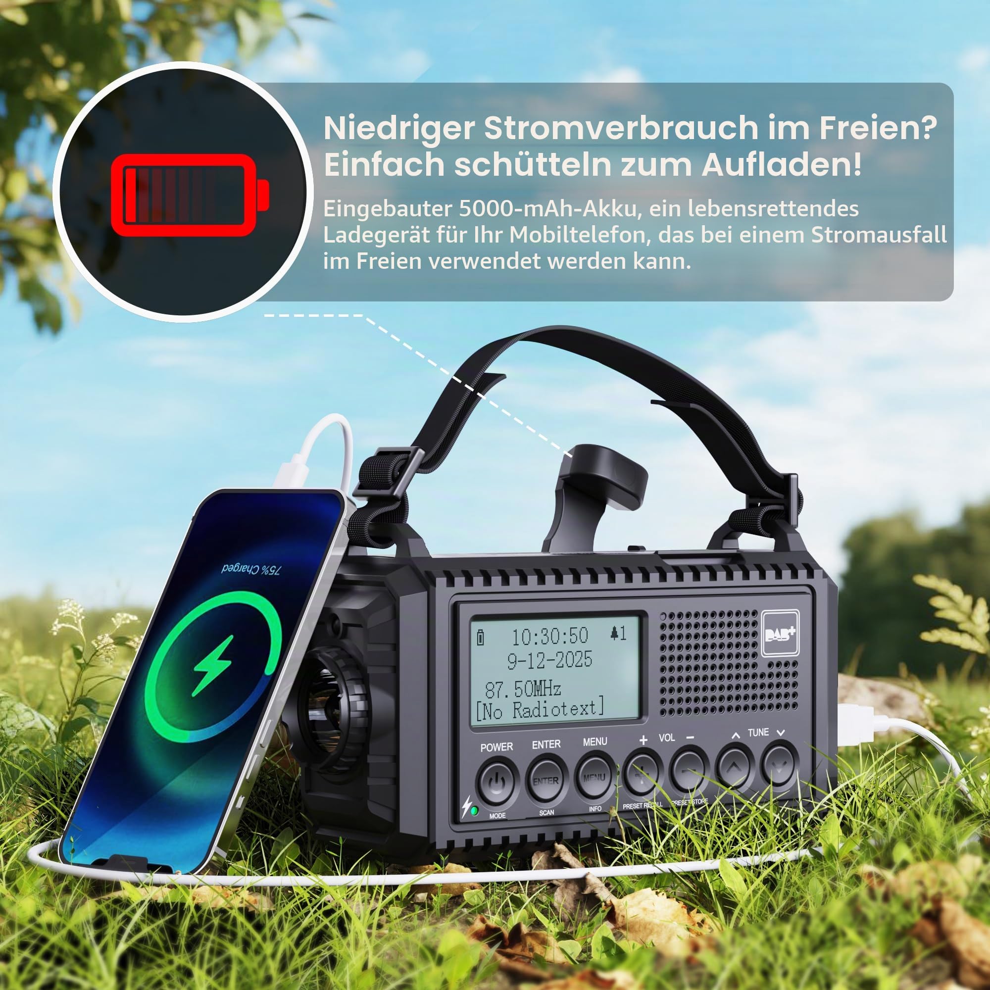 DAB/DAB+/UKW Digitalradio mit Eingebaute 5000mAh Akku Solar Radio Notfallradio mit USB Handyladefunktion Camping Radio mit LED Taschenlampe Leselampe SOS Alarm Tragbares Kurbelradio für Outdoor