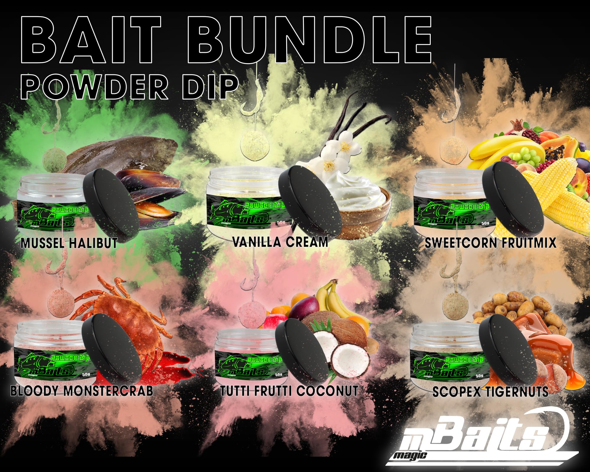 Angel-Berger Magic Baits Bait Bundle Powder Dips All in One Boiliedip Set di boiliedip in polvere