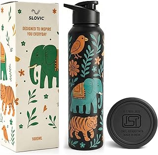 SLOVIC Steel Water Bottle 1 Ltr | Incredible India Design Fridge Water Bottle for School Kids | 100% BPA Free & leak-Proof | Sipper Water Bottles for Adults | Ideal for Gym, Office, Travel