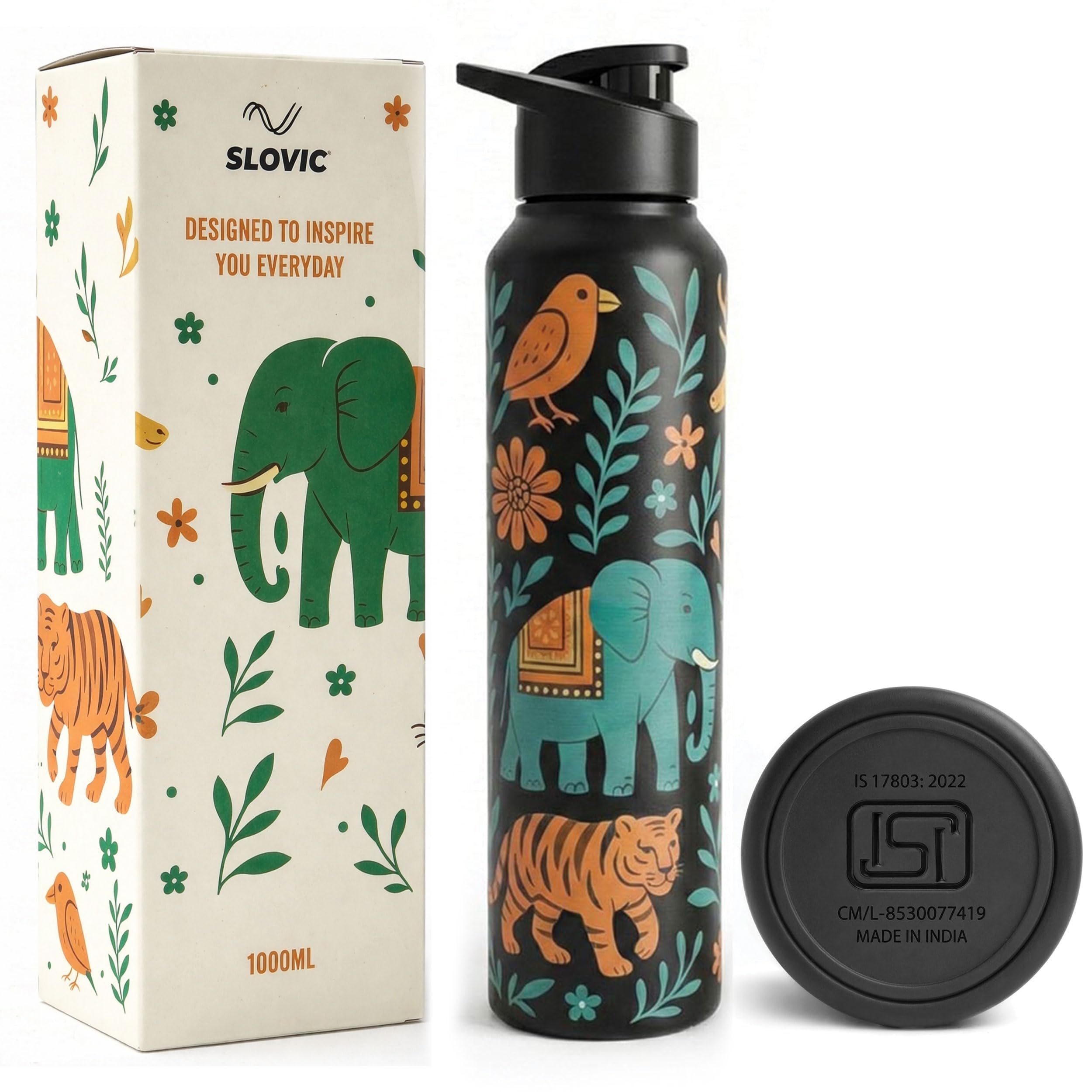 SLOVIC Steel Water Bottle 1 Ltr | Incredible India Design Fridge Water Bottle for School Kids | 100% BPA Free & leak-Proof | Sipper Water Bottles for Adults | Ideal for Gym, Office, Travel-image-42