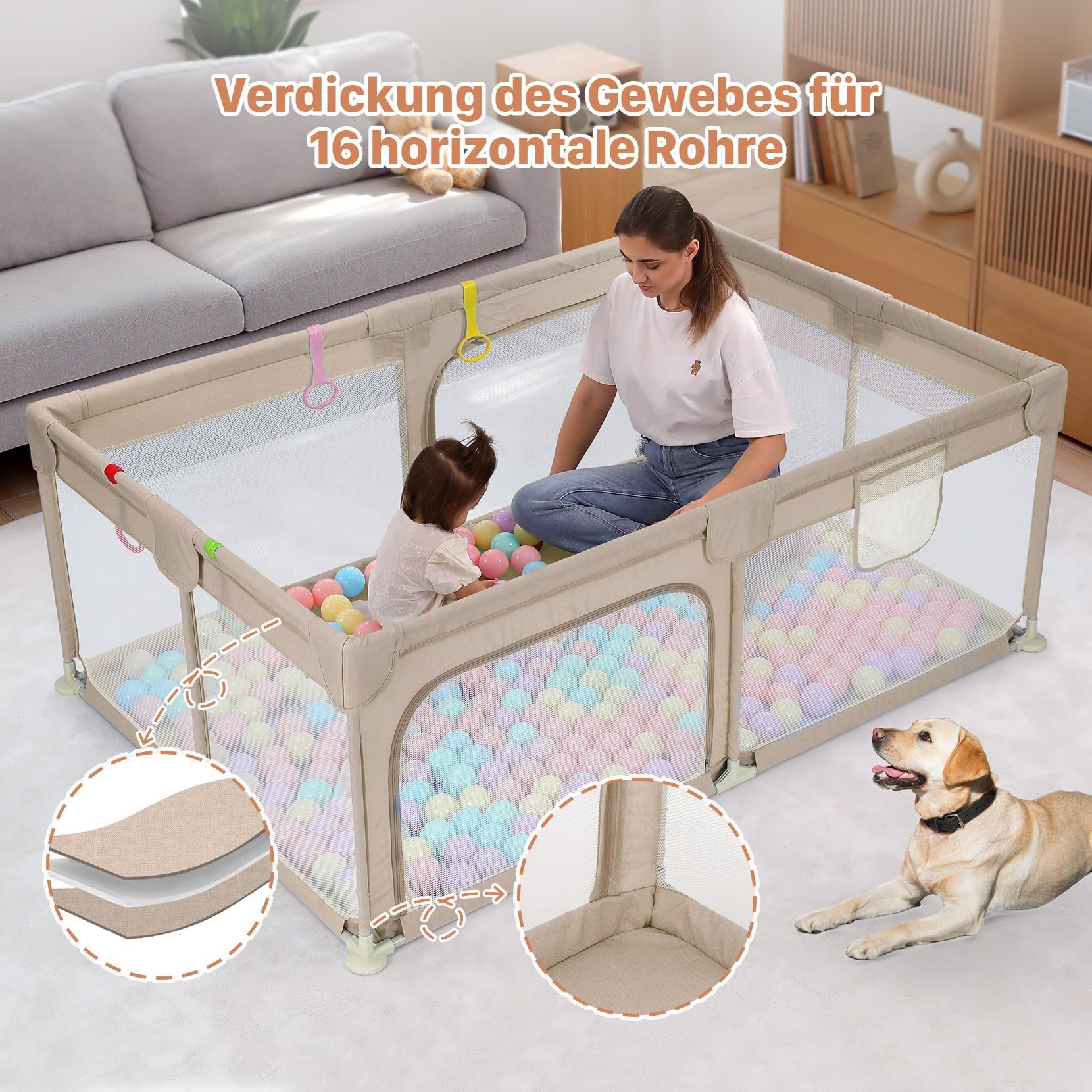 Dripex Laufgitter für Babys, Laufstall mit atmungsaktivem Netz, Spielgitter für Babys, 5 Laufgitterringe, 120 x 180 cm, Braun | 120 x 180 cm, atmungsaktives Oxford-Gewebe, 5 Ringe