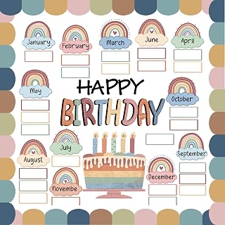Boho Rainbow Classroom Birthday Chart with 33 FT Border Trim Holiday Let's Celebrate Cloud Happy Birthday Bulletin Board Calendar Display Set Decorations for Teacher School Supplies Wall Decor