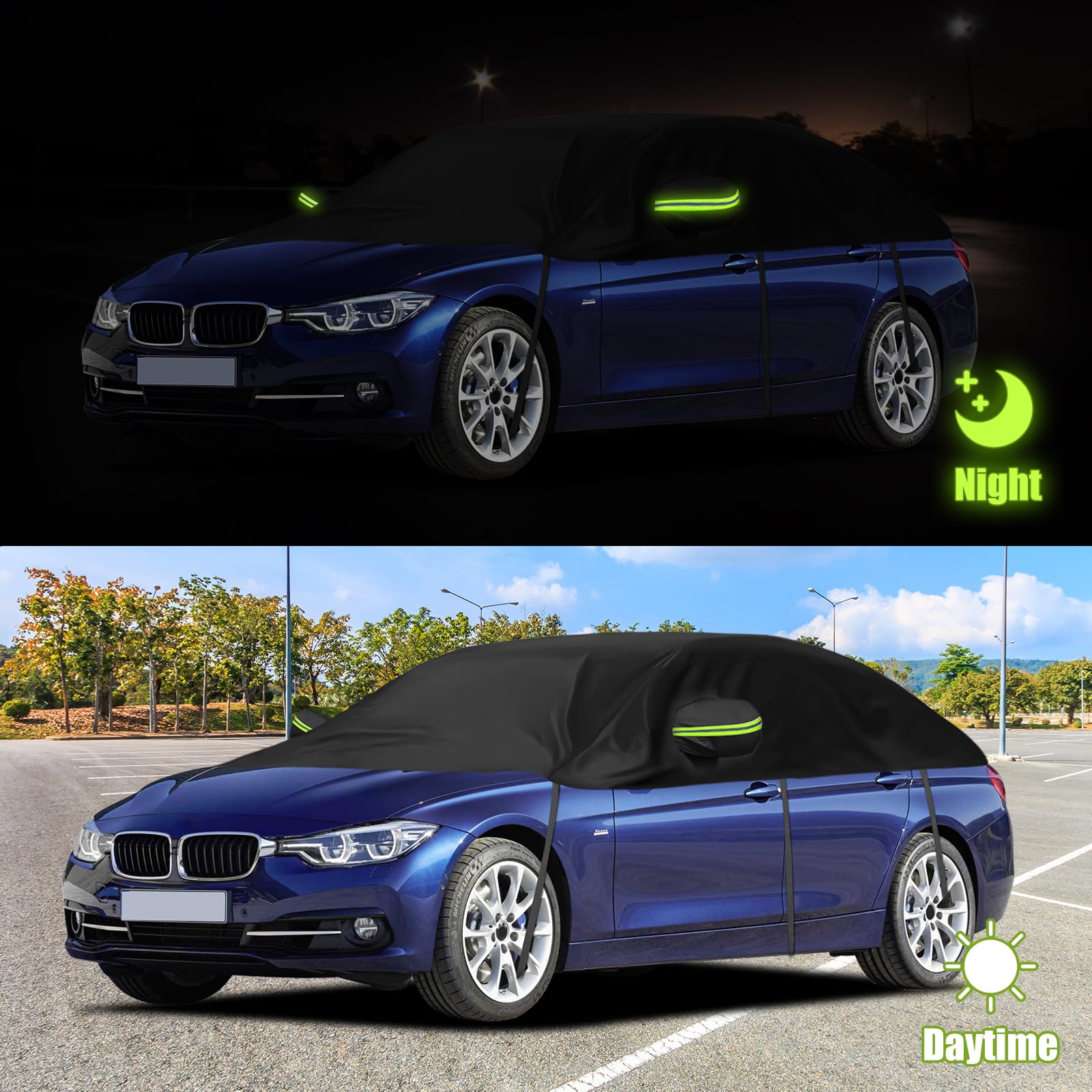 Universelle Halbgarage für Autos 323 * 150 * 49cm, Autoabdeckung Wasserdicht Ersatz für BMW 3 Series, Ersatz für Porsche 911, Autoplane Halbabdeckung für Allwetter, UV-Beständige Vollgarage Regen