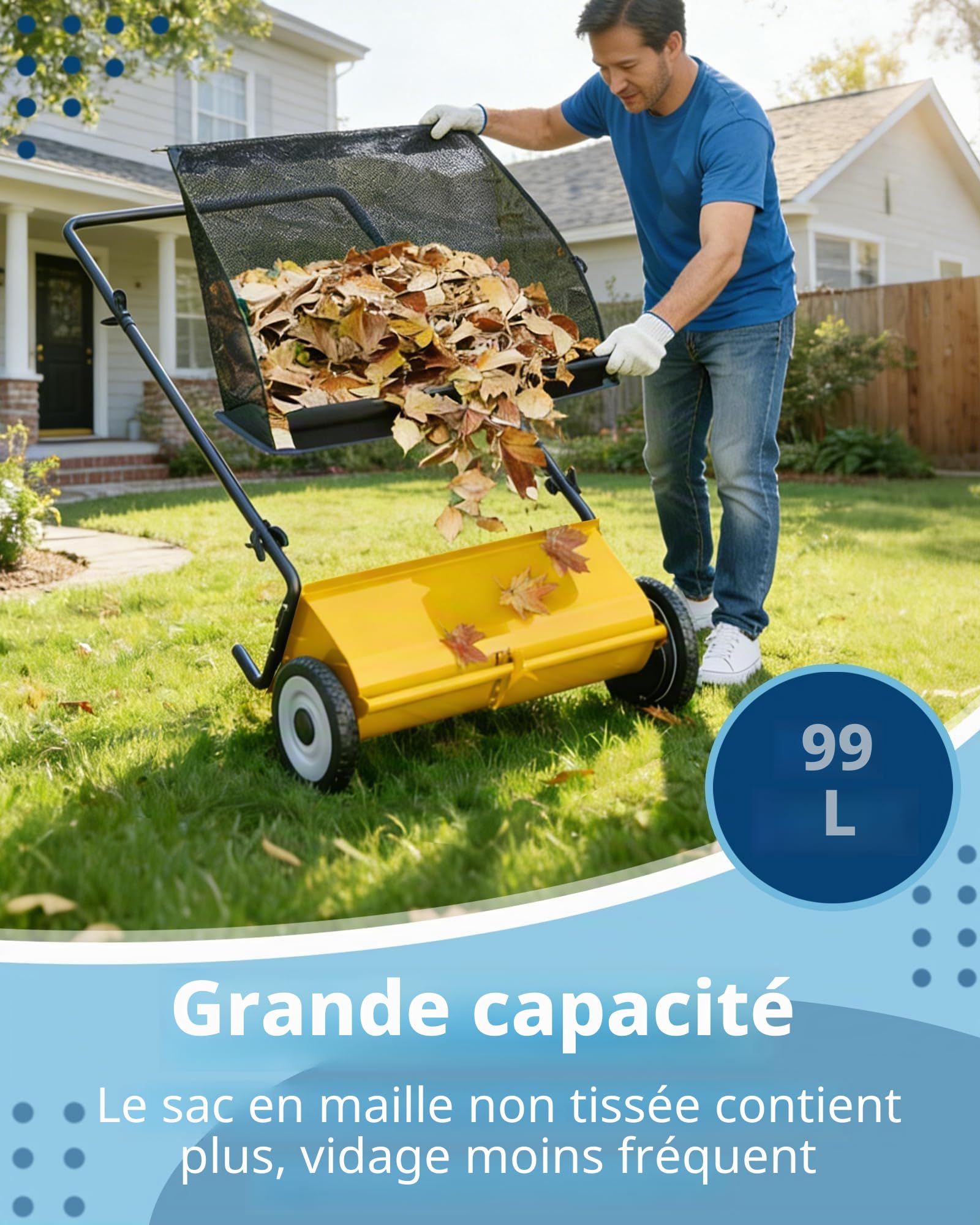 Garvee Ramasseur De Feuilles à Pousser 53cm – 100L Grande Capacité | Système De 4 Brosses Amélioré, Cadre En Acier Robuste, Collecte Efficace De Feuilles Et Débris Pour Jardin & Pelouse
