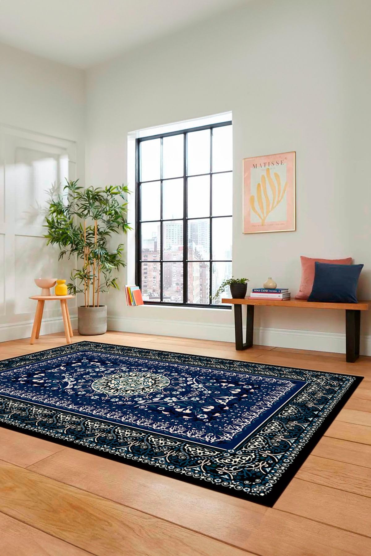 Evdeya Şık Klasik Desen Dijital Kaymaz Taban Yıkanabilir Yolluk Mutfak Salon Halısı KLASİK-14, Mavi, 80 x 200