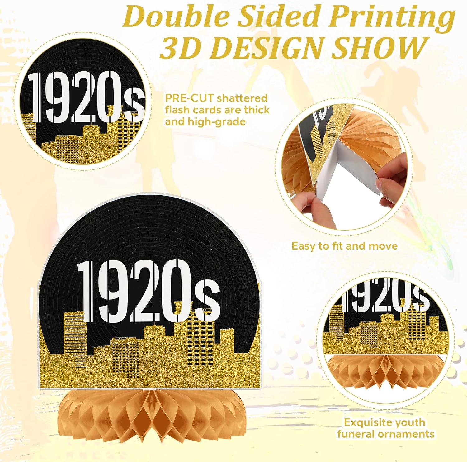 9 Pcs Roaring 20s Party Decorations Jazz Roaring 1920's Party Honeycomb Centerpiece Black and Gold Roaring 20s Honeycomb Centerpiece Vintage Music Themed Table Toppers 1920s Wedding Party Supplies