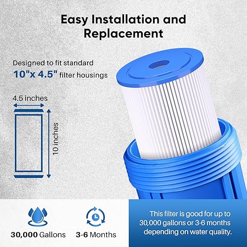 Miniatura 8 de PUREPLUS Filtro de sedimento plisado extra grueso de 10 x 4.5 pulgadas para agua de pozo, cartucho de repuesto para GE FXHSC, Culligan R50-BBSA,