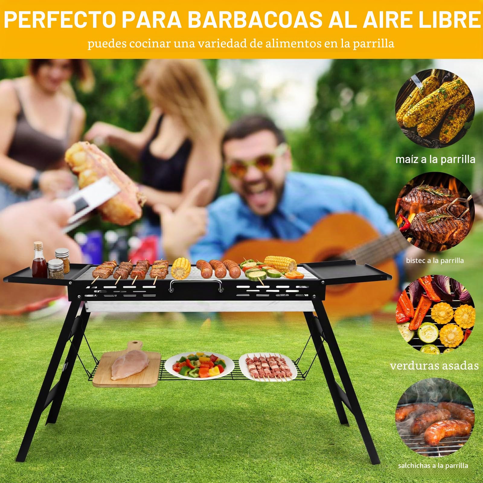 Barbacoa de carbón vegetal plegable barbacoa portátil carbón vegetal plegable barbacoa de jardín para aventuras al aire libre, picnics y camping, superficie de la parrilla 75 x 29,5 cm
