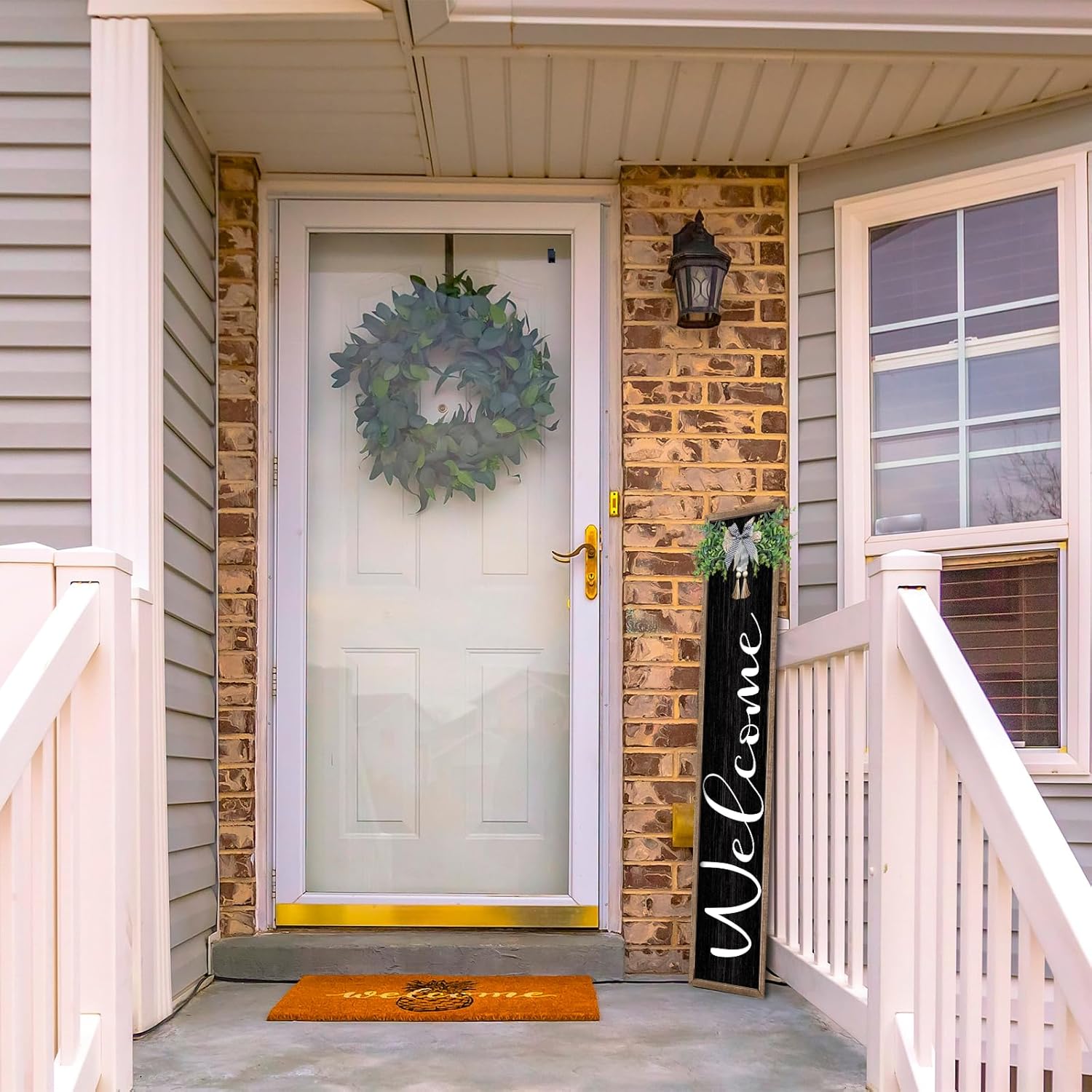Welcome Sign for Front Porch Standing 45"X9" Large Outdoor Decor Rustic Vertical Leaner Wood Frame Porch Tall Welcome Signs for Farmhouse Outside Front Door Decorations (Wood Black)