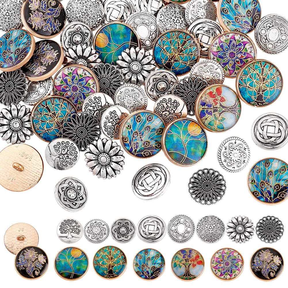 PH PandaHall 50pcs Metal Shank Buttons 14 Styles Vintage Sewing Buttons 15~20mm Alloy Buttons for Costumes Crafts Projects Crochet Western Clothing Christmas Coat Jackets Sewing DIY Decorations