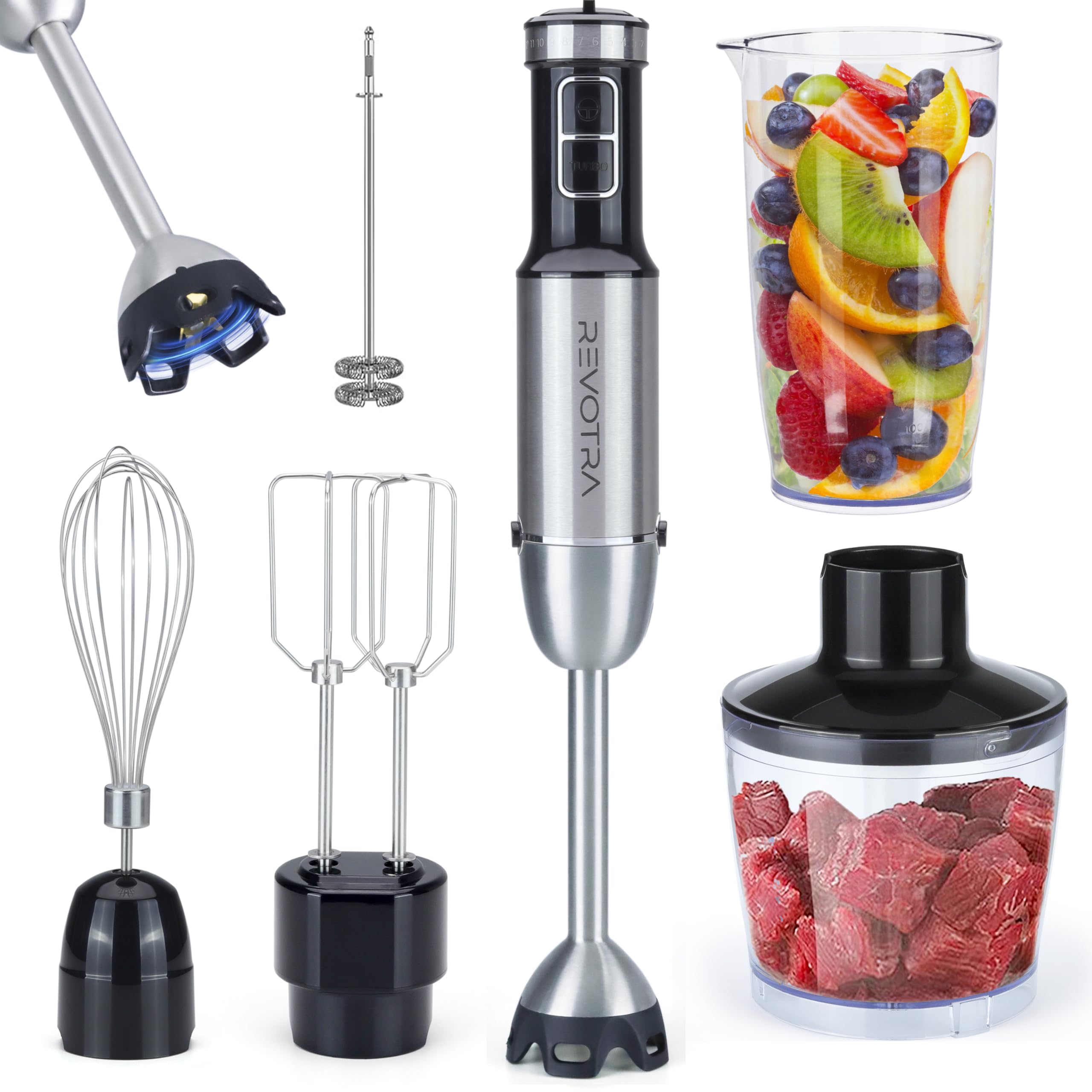 REVOTRA Ręczny blender zanurzeniowy, blender ręczny 6 w 1, 12-biegowy blender zanurzeniowy ze stali nierdzewnej, mikser, blender, spieniacz do mleka