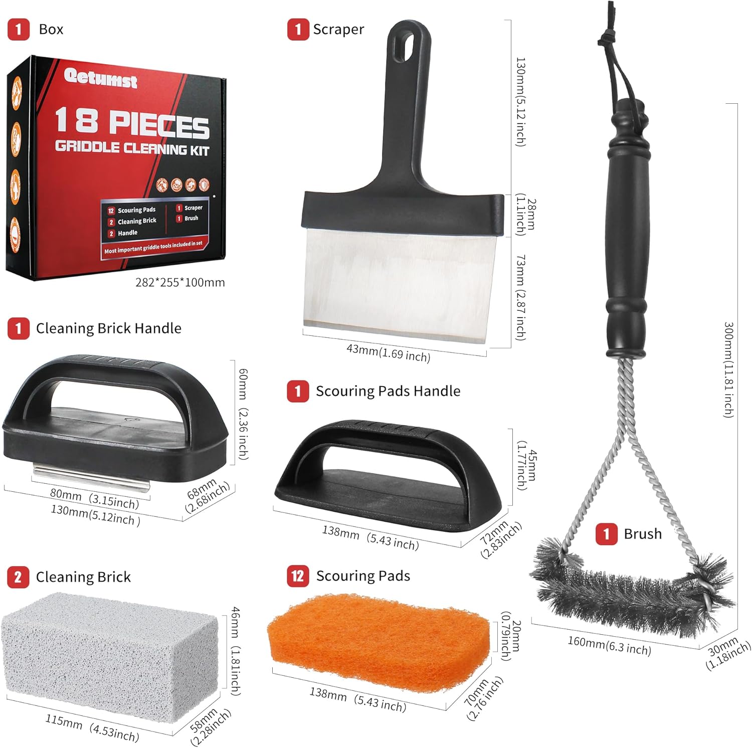 フラットトップグリルクリーニングキット、スクレーパー、ブラシ、パッド、クリーナー付き、18ピースセット(赤)(赤)(ブラック)