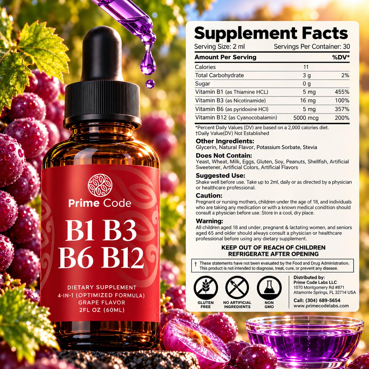 Prime Code Liquid Vitamin B1 Drops with Vitamin B3 B6 & B12 | B Complex Liquid Supplement | Thiamine Supplement for Adults | High Absorption | Immune Support | Non-GMO | Gluten-Free — Amazon image 7