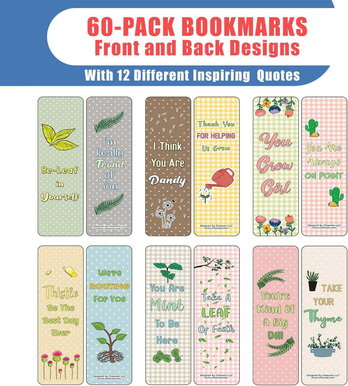 Creanoso Inspiring Plant Puns Bookmarks (60-Pack) – Great Bulk Set Incentive Page Binders for Young Readers – Stocking Stuffers Gifts Rewards Token Ideas for Boys Girls Kids Teens