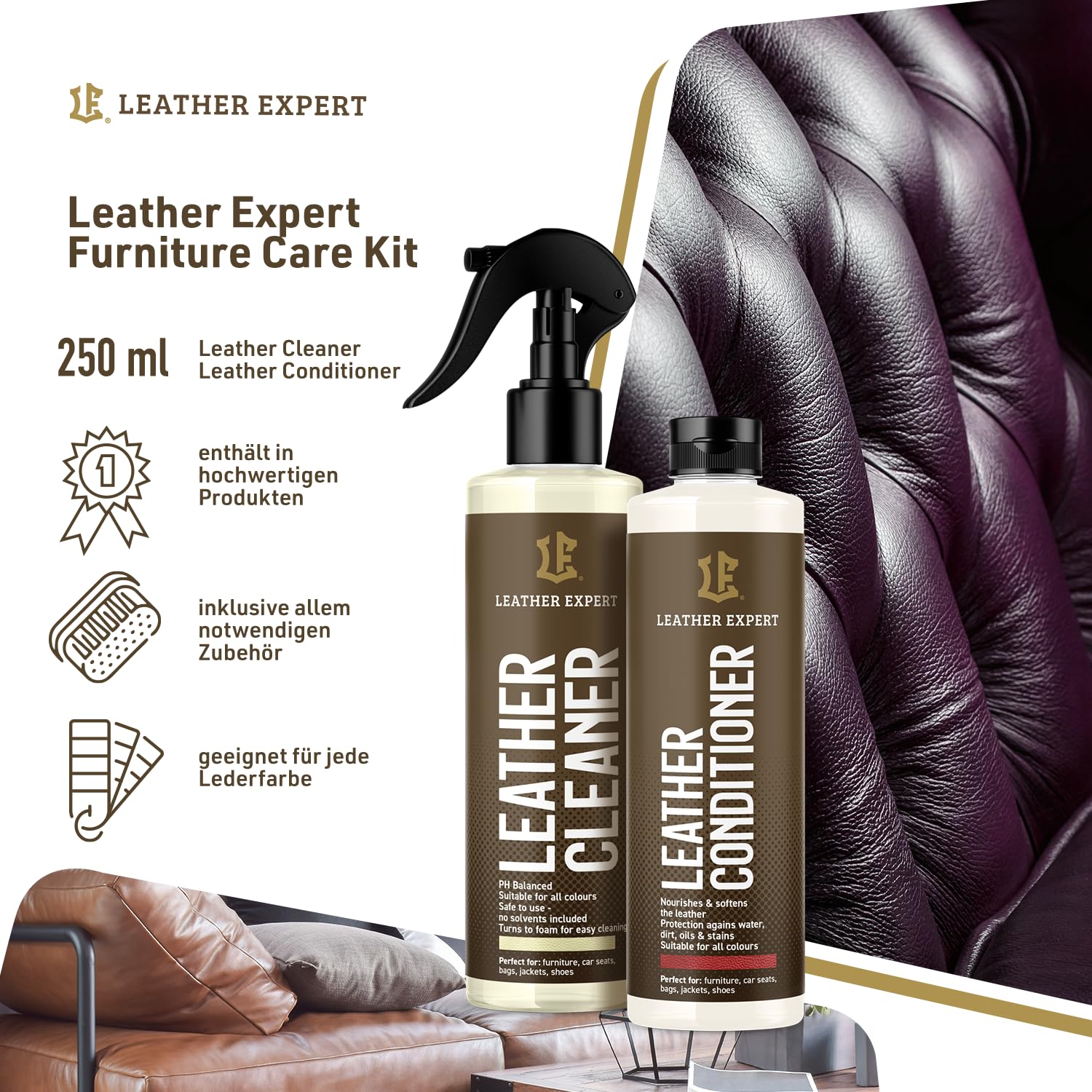 Kit d'entretien pour canapé en cuir - Couleur neutre - Nettoyant pour cuir et cuir - 250 ml - Biodégradable - Soin du cuir pour meubles - Élimine les odeurs désagréables - Avec accessoires