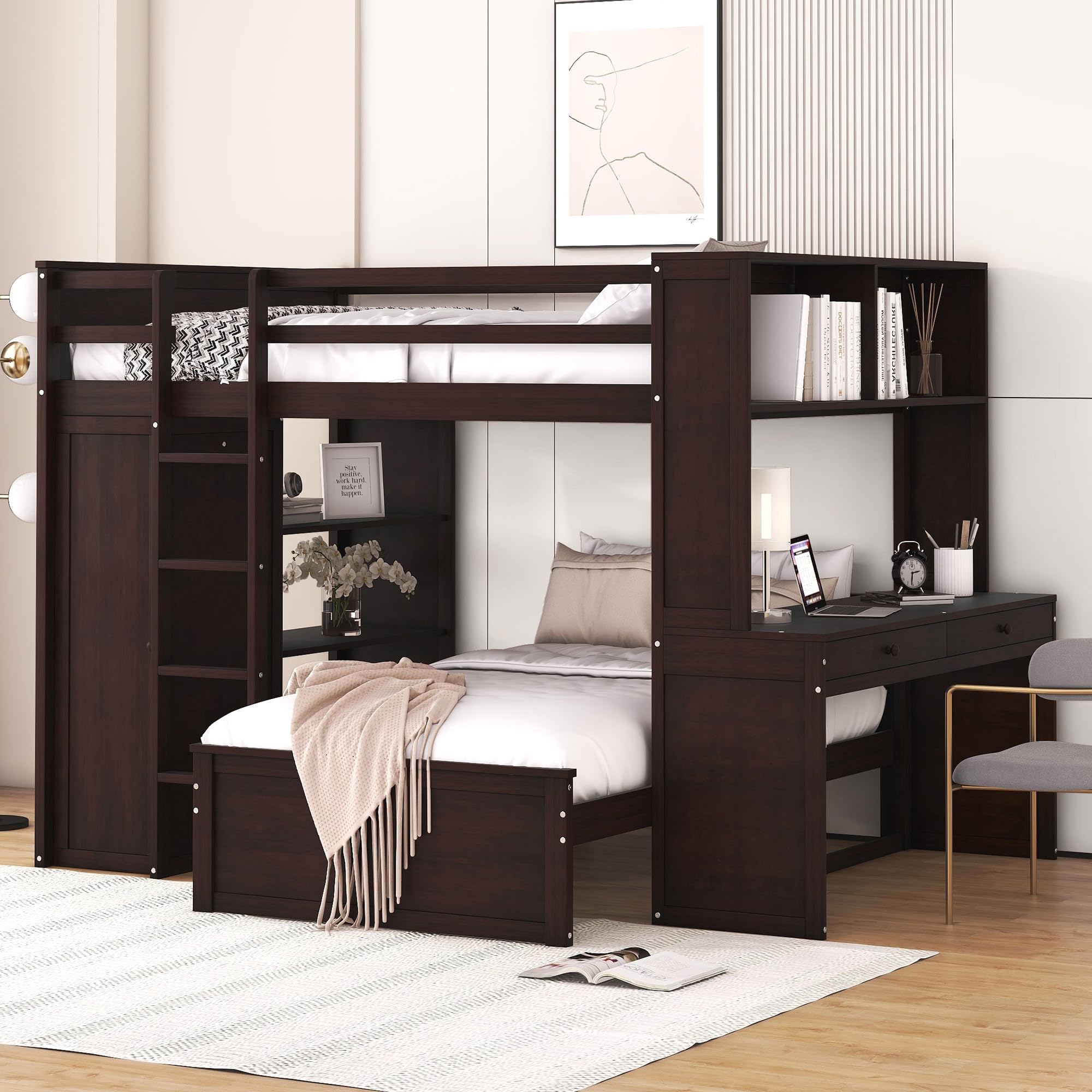Harper & Bright Designs Full Over Twin Bunk Bed with Desk, Storage, Solid Wood Bunk Bed with Shelves and Wardrobe, Twin Size Loft Bed with a Stand-Alone Bed for Kids Teens Adults - Espresso
