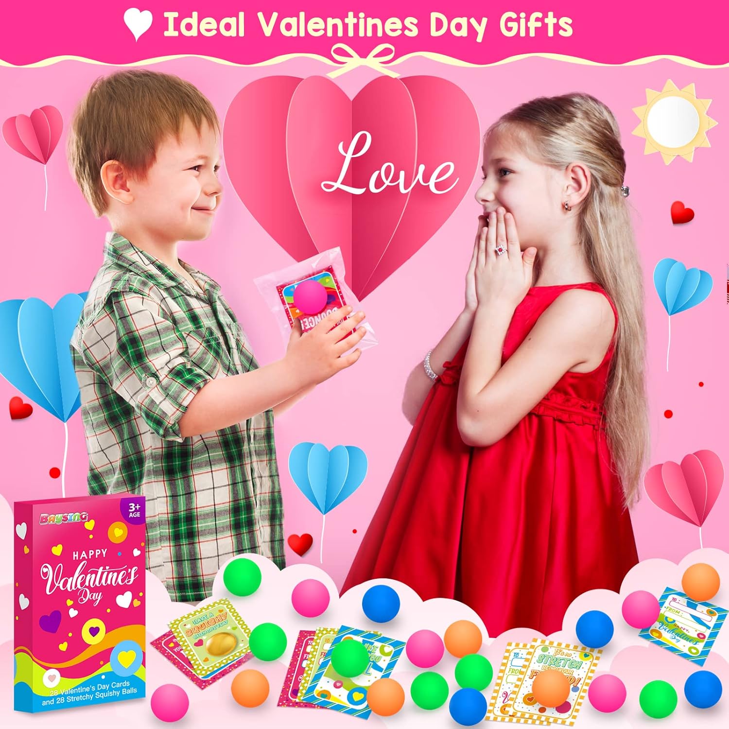 Valentine's Day Cards for Kids, 28 Packs Stress Ball Stretchy Toy with Valentine's Day Greeting Cards, Squishy Balls Valentine Gift Sets for Kids Classroom Exchange Prizes, Kids Party Favors Packs