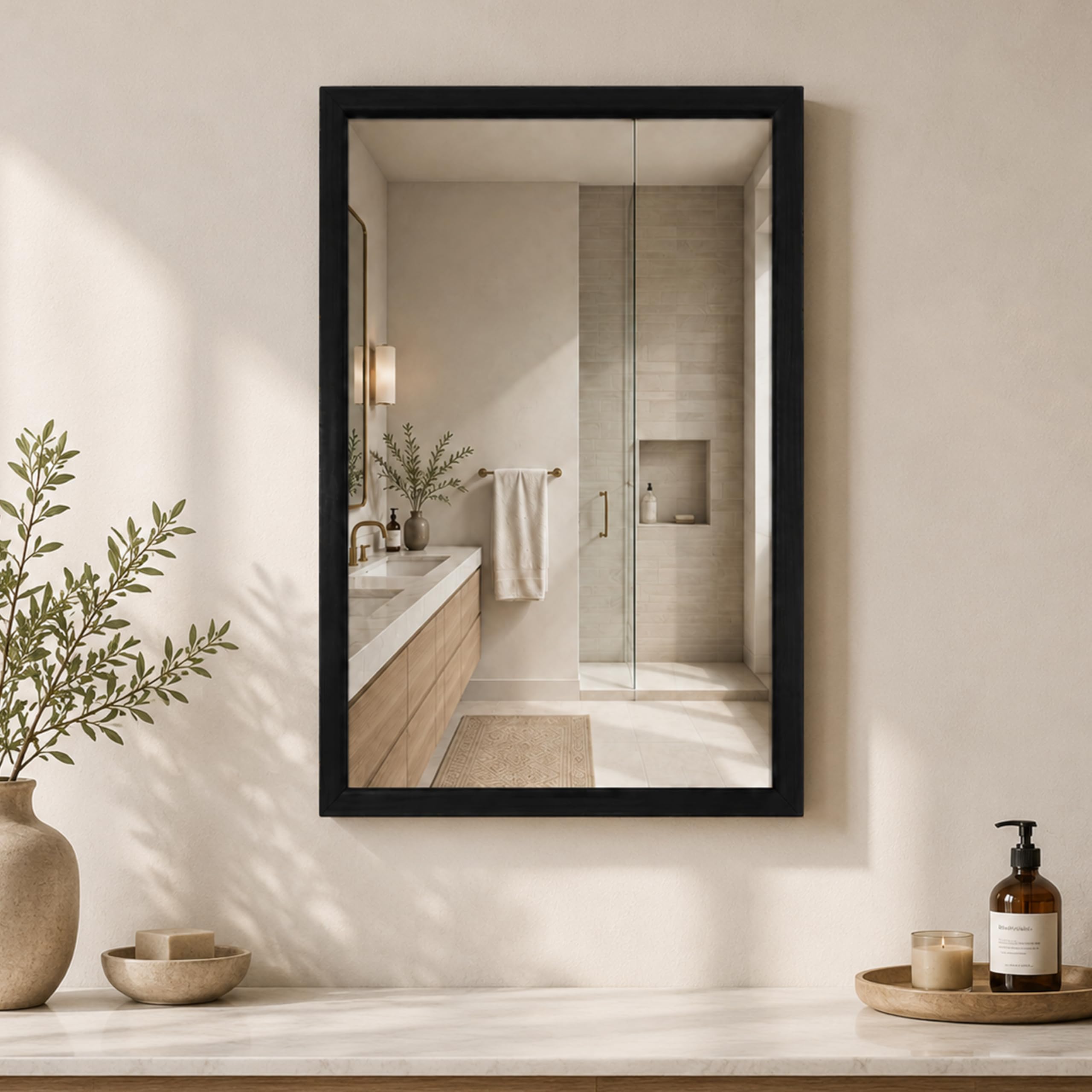 Rousrie Premium Framed Glass Wall Mount Mirror, Decorative, for Bathroom, Bedroom, Living Room and Entryway, Wash Basin (14 by 20 Inch) (Solid Black)-image-12