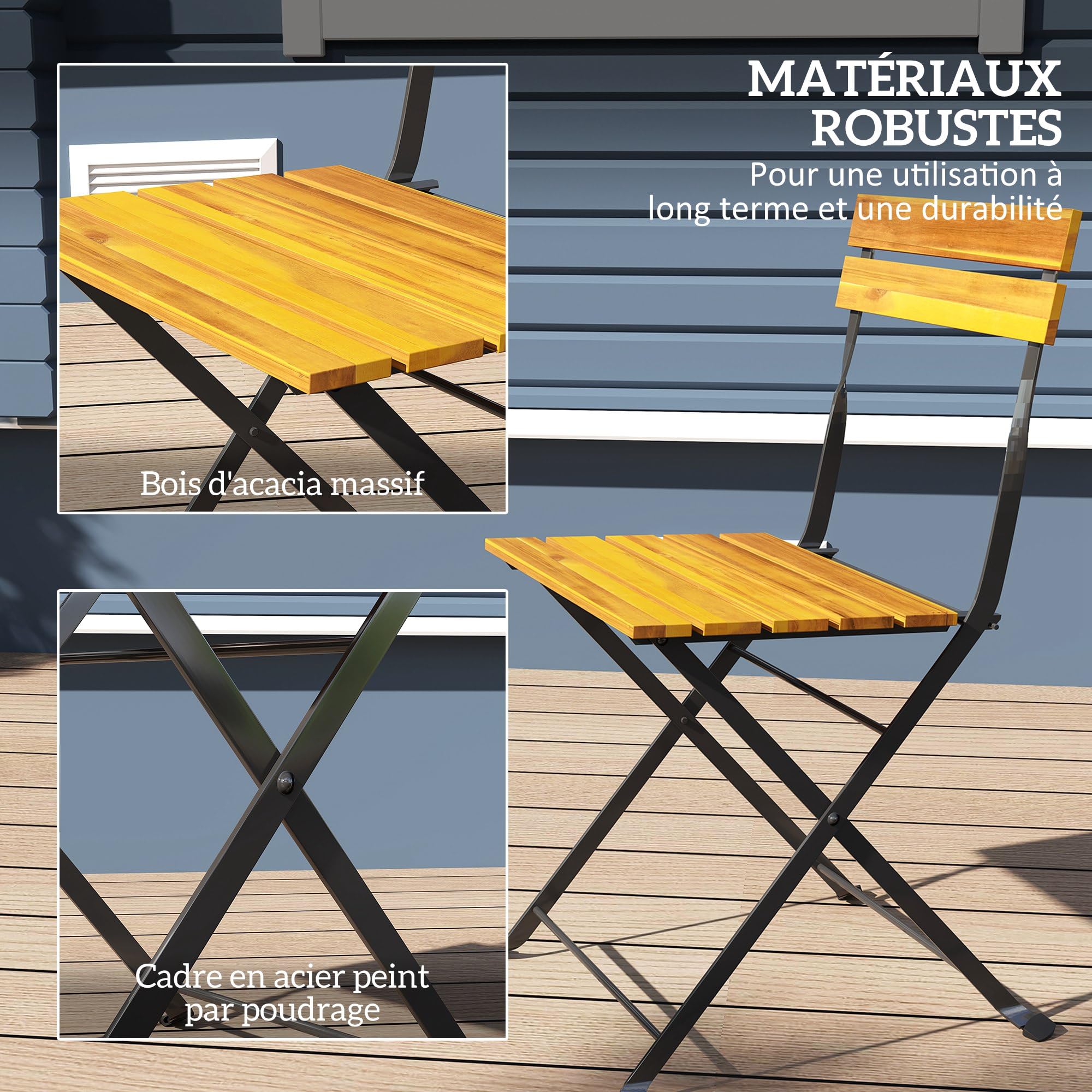 Outsunny Ensemble Bistrot de Jardin 3 Pièces, Salon de Jardin Extérieur 2 Personnes, Table Basse en Bois d'Acacia et Acier